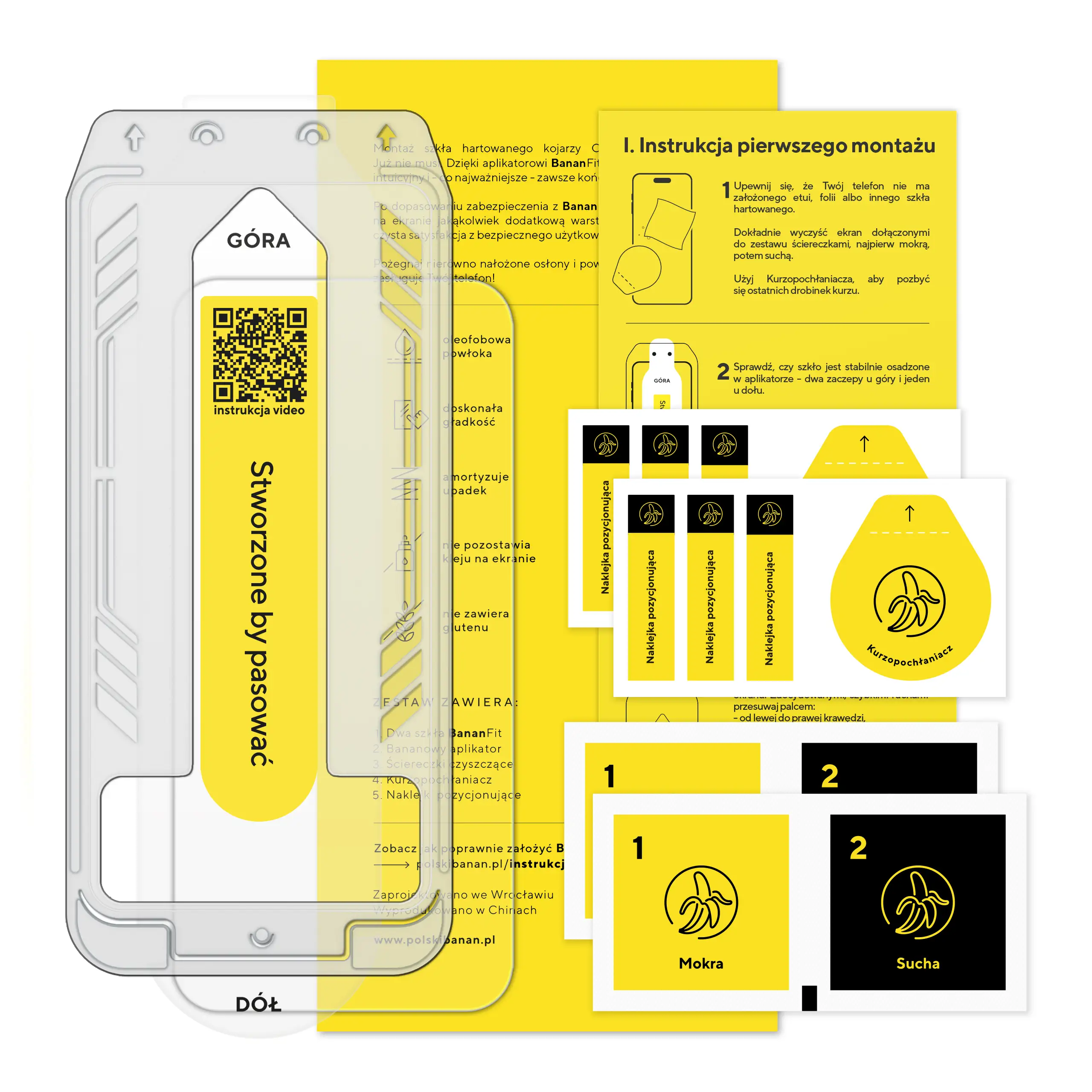 Zawartość zestawu szkła hartowanego z aplikatorem Polski Banan BananFit do telefonu Apple iPhone 16