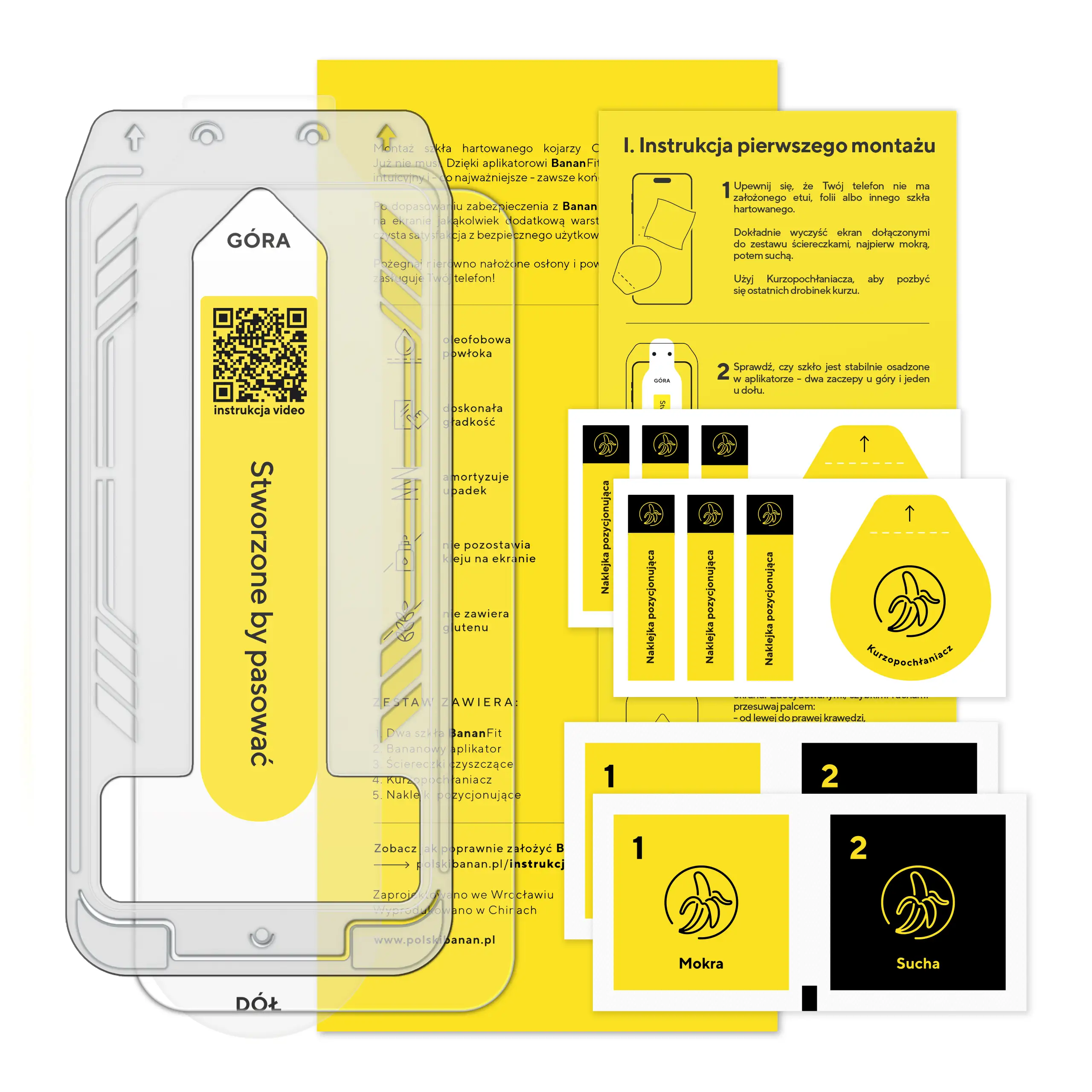Zawartość zestawu szkła hartowanego z aplikatorem Polski Banan BananFit do telefonu Apple iPhone 16 Pro Max