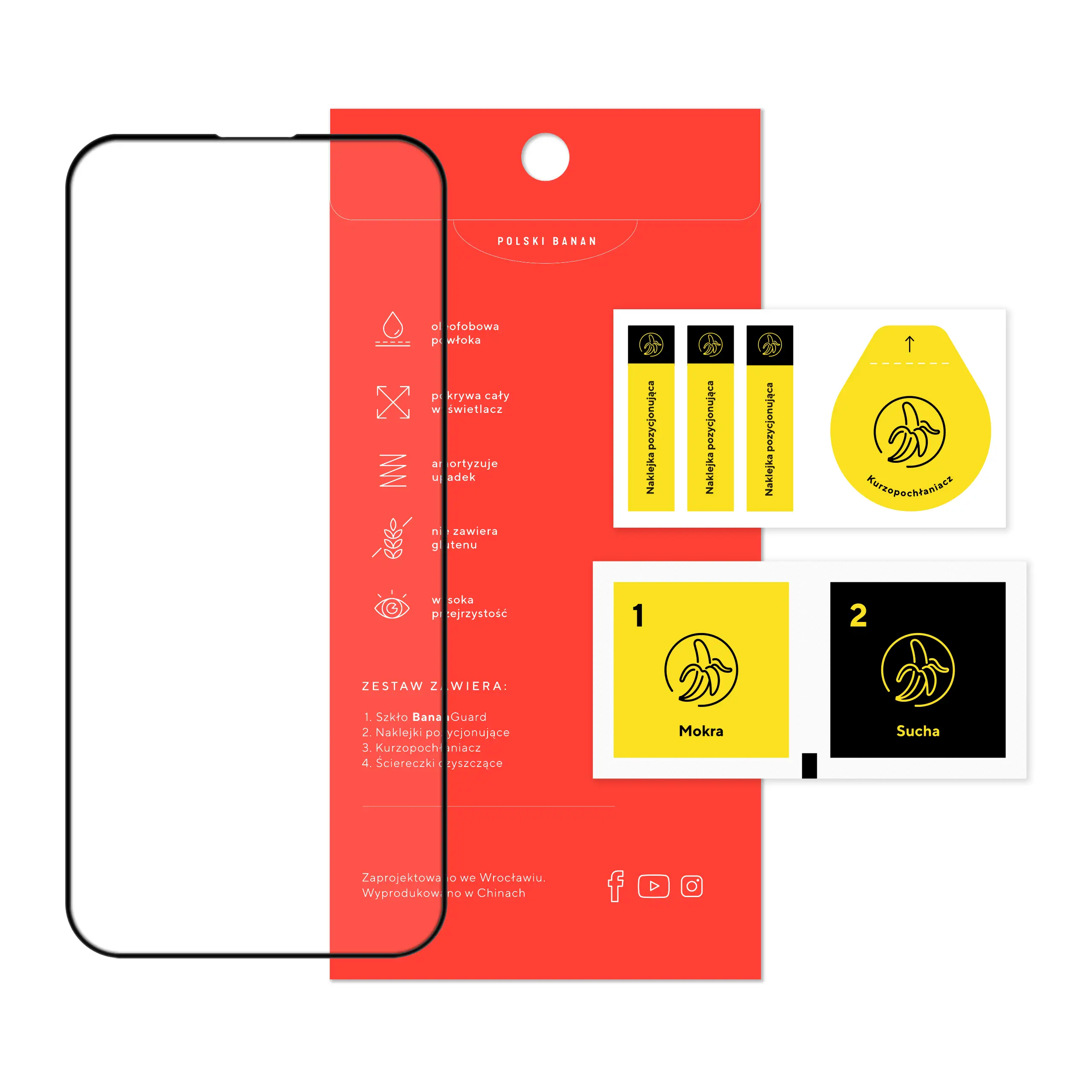 Zawartość zestawu szkła hartowanego 5D Polski Banan BananGuard w kolorze czarnym do Apple iPhone 16 Pro Max