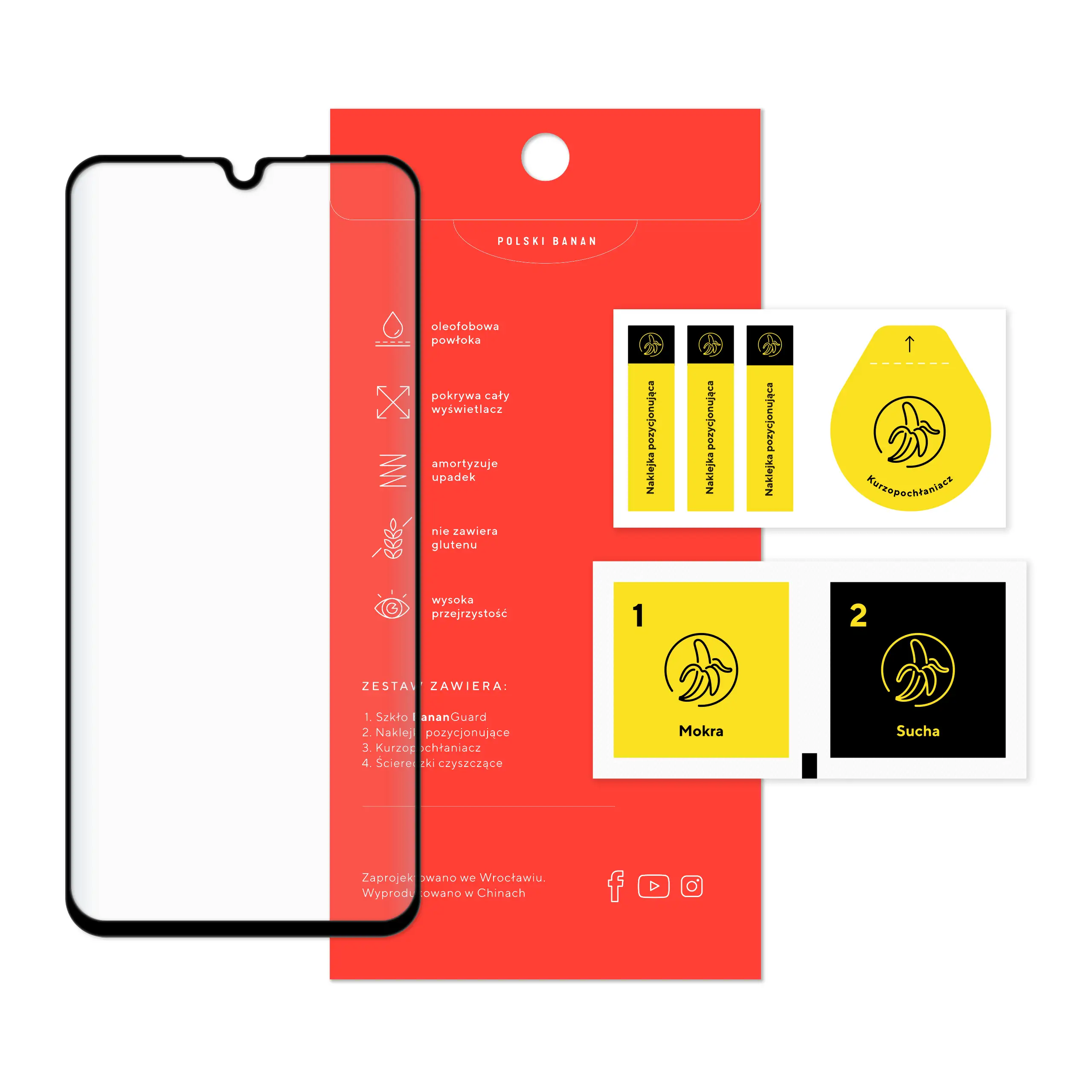 Zawartość zestawu szkła hartowanego 5D Polski Banan BananGuard w kolorze czarnym do Samsung Galaxy A15 / A15 5G