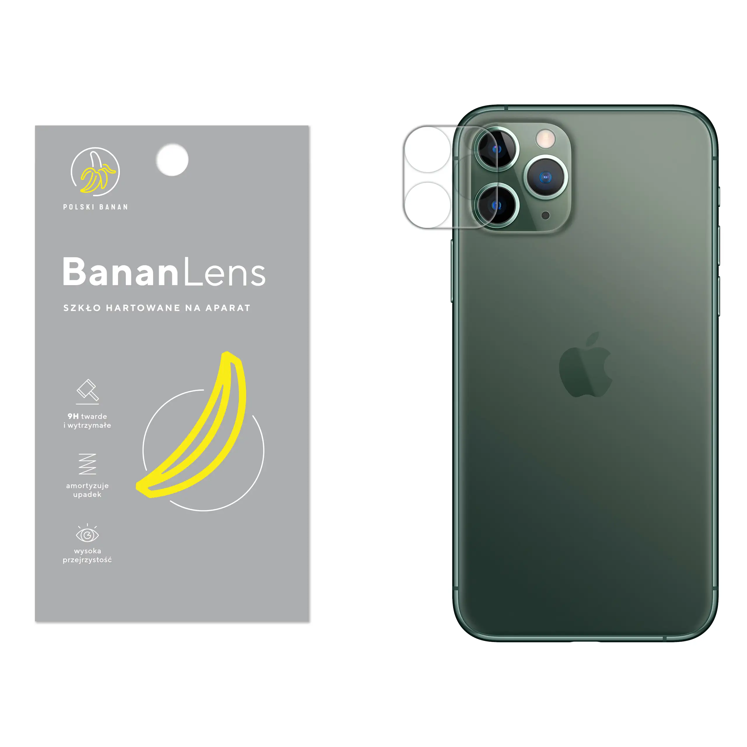 Szkło hartowane Polski Banan BananLens na aparat do Apple iPhone 11 Pro Max z telefonem obok