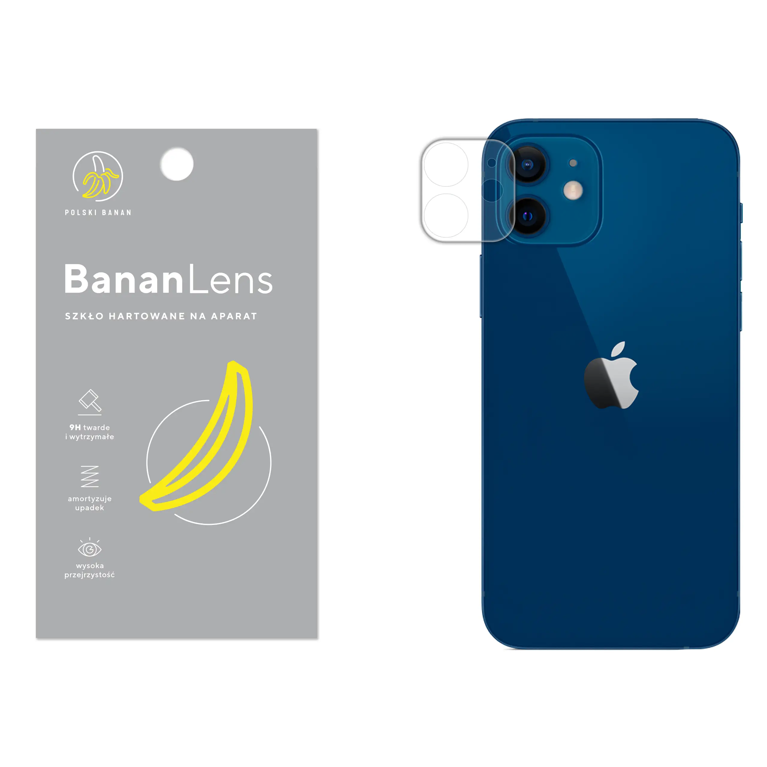 Szkło hartowane Polski Banan BananLens na aparat do Apple iPhone 12 z telefonem obok