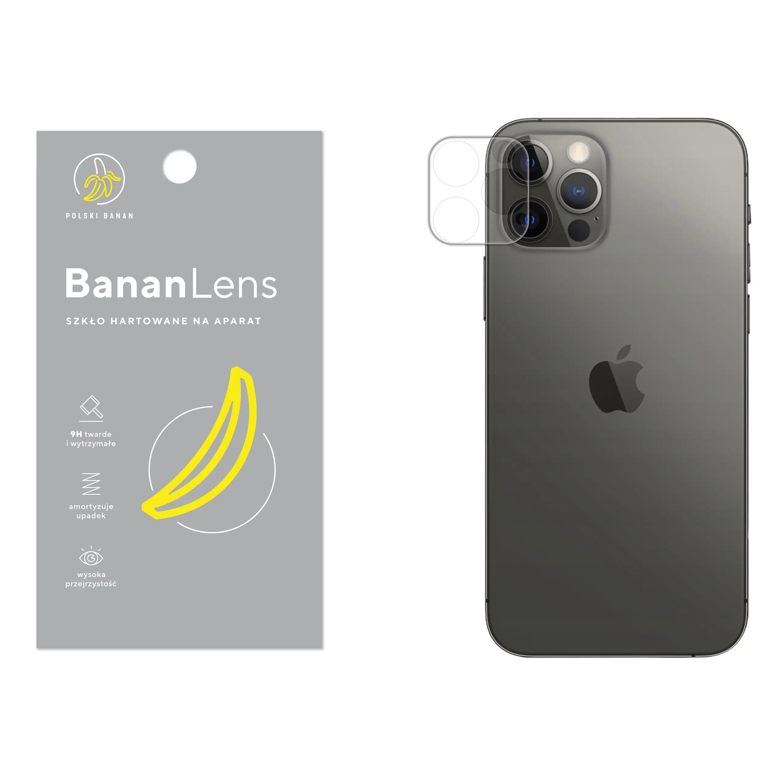 Szkło hartowane Polski Banan BananLens na aparat do Apple iPhone 12 Pro z telefonem obok