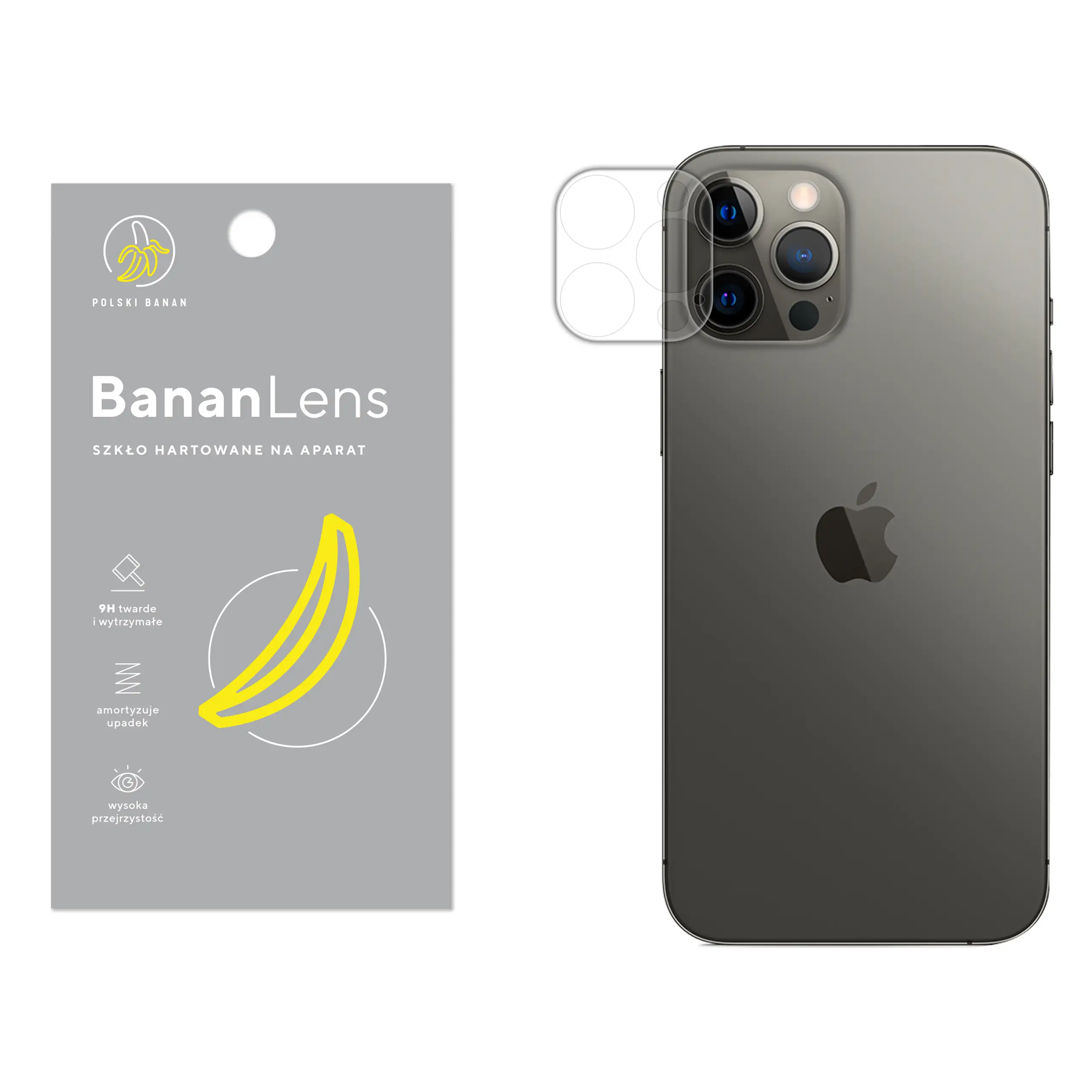 Szkło hartowane Polski Banan BananLens na aparat do Apple iPhone 12 Pro Max z telefonem obok
