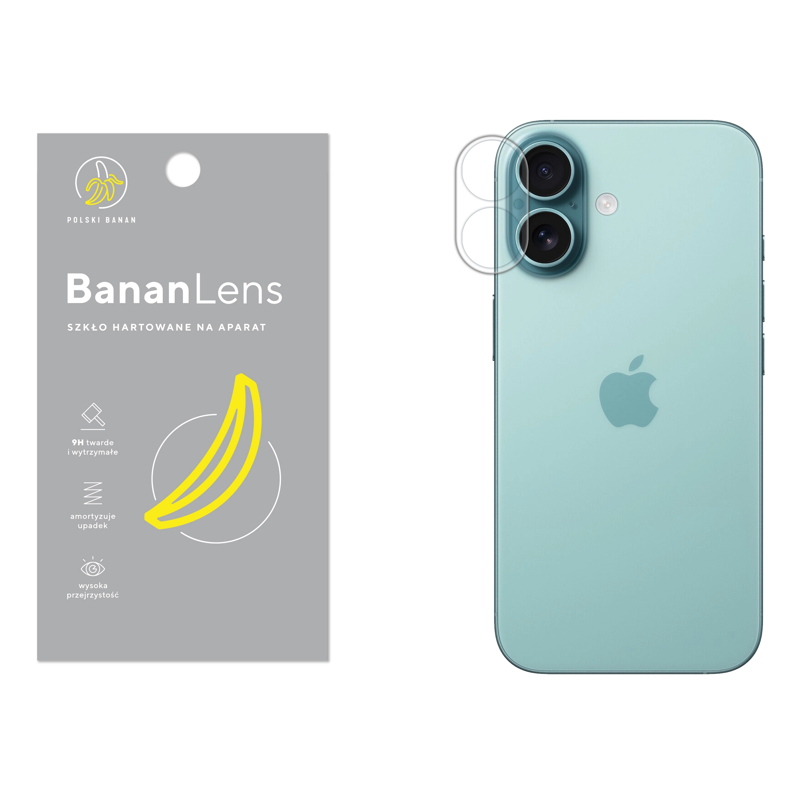 Szkło hartowane Polski Banan BananLens na aparat do Apple iPhone 16 z telefonem obok