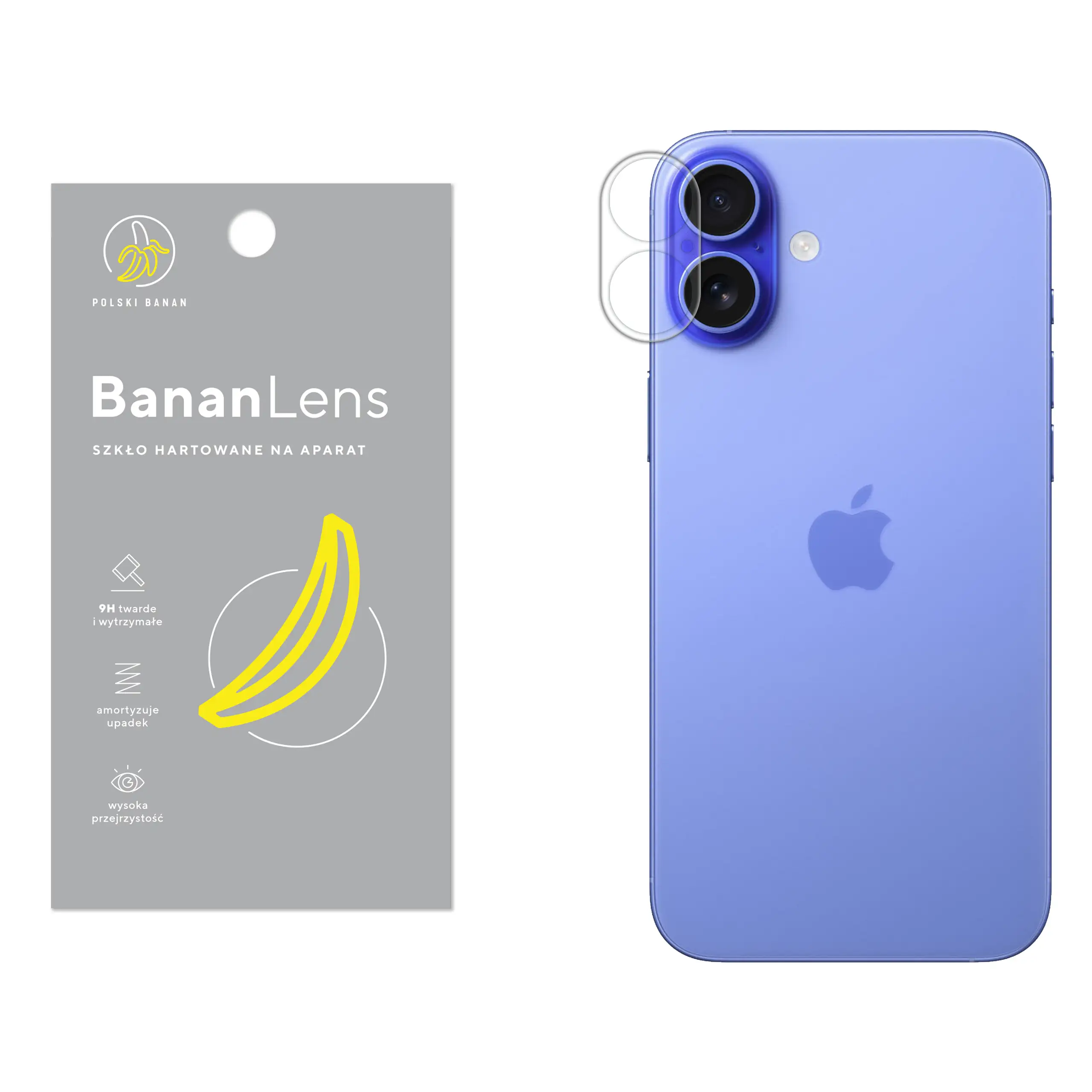 Szkło hartowane Polski Banan BananLens na aparat do Apple iPhone 16 Plus z telefonem obok