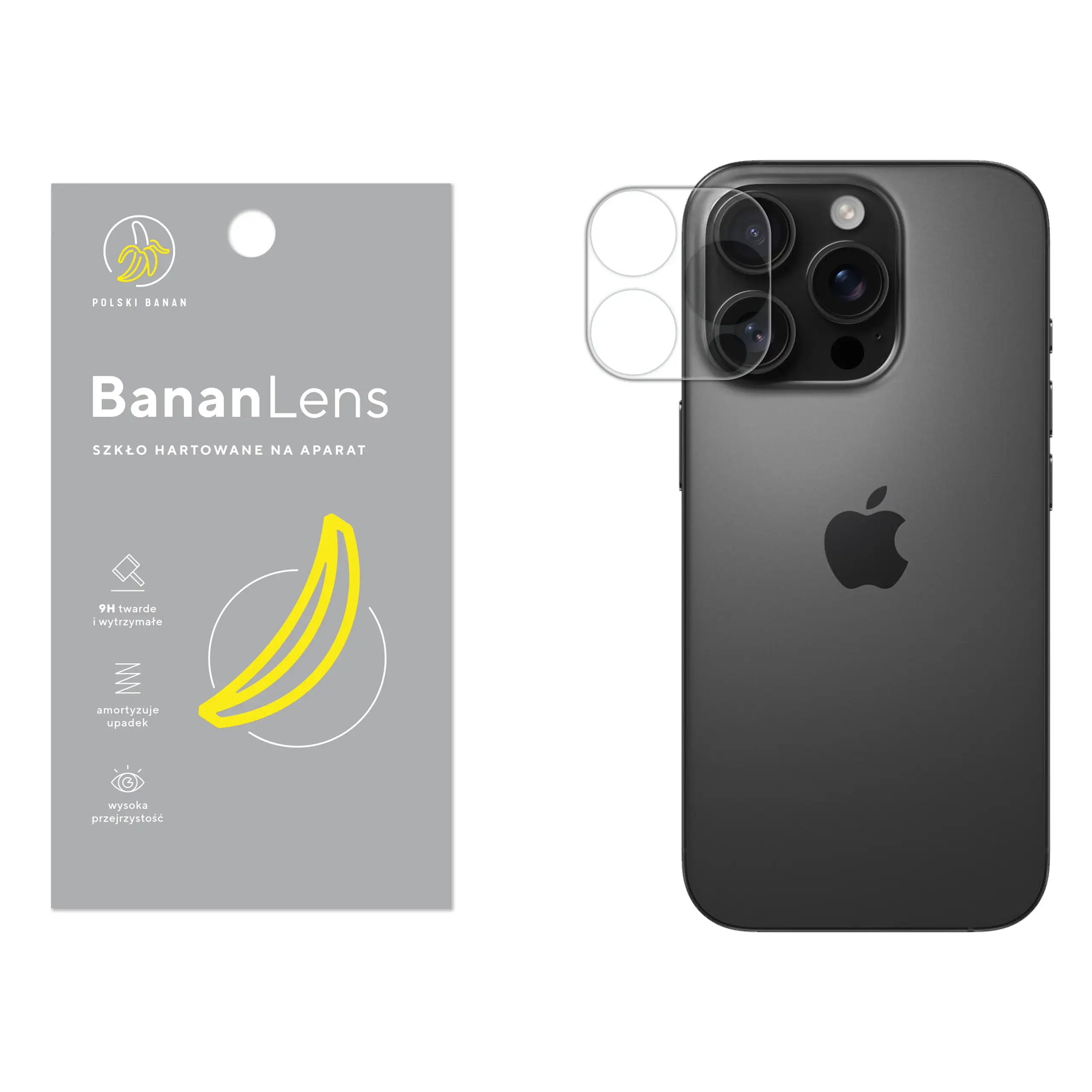 Szkło hartowane Polski Banan BananLens na aparat do Apple iPhone 16 Pro z telefonem obok