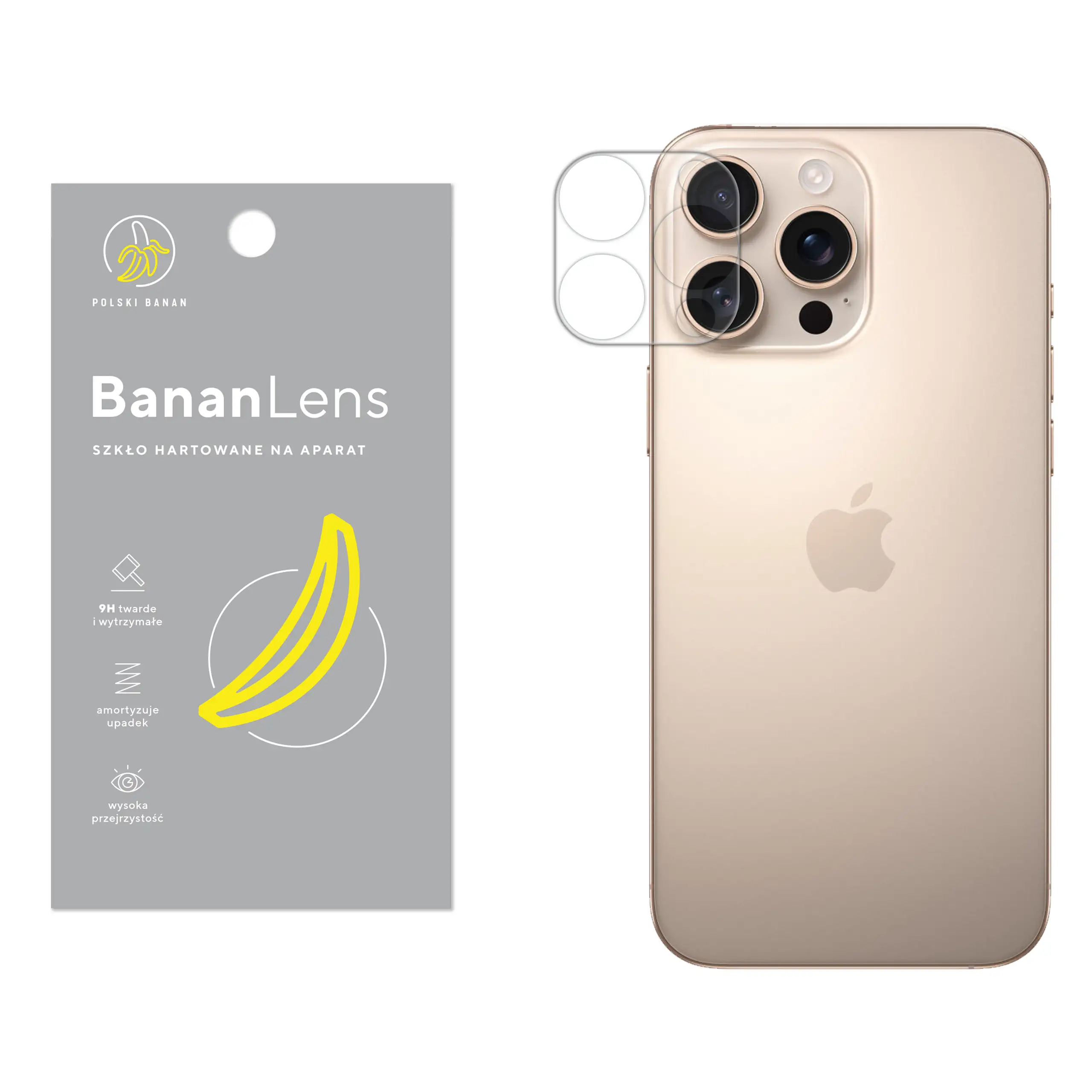 Szkło hartowane Polski Banan BananLens na aparat do Apple iPhone 16 Pro Max z telefonem obok