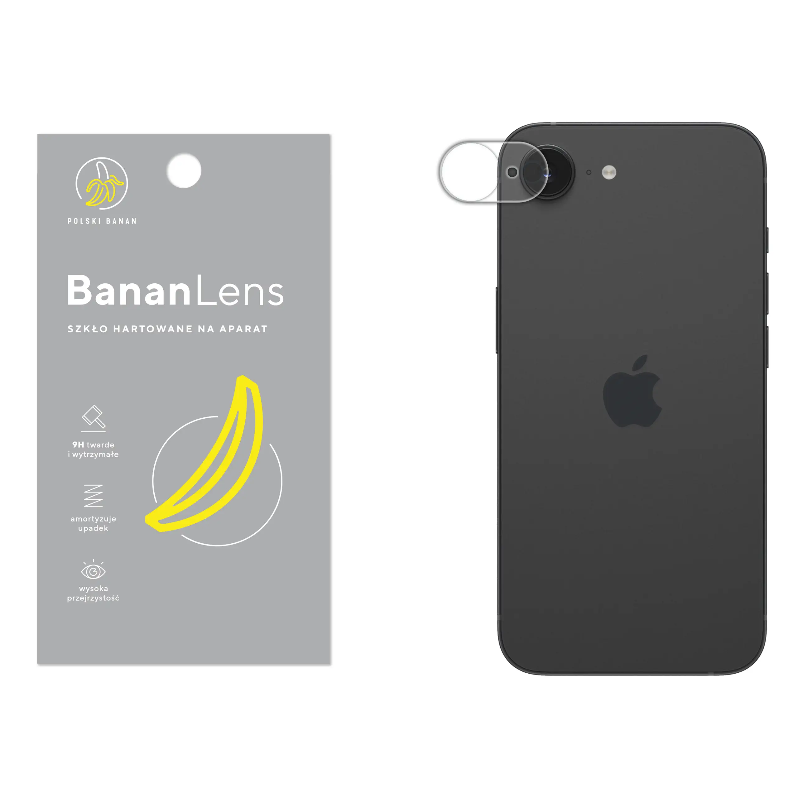 Szkło hartowane Polski Banan BananLens na aparat do Apple iPhone 16e z telefonem obok