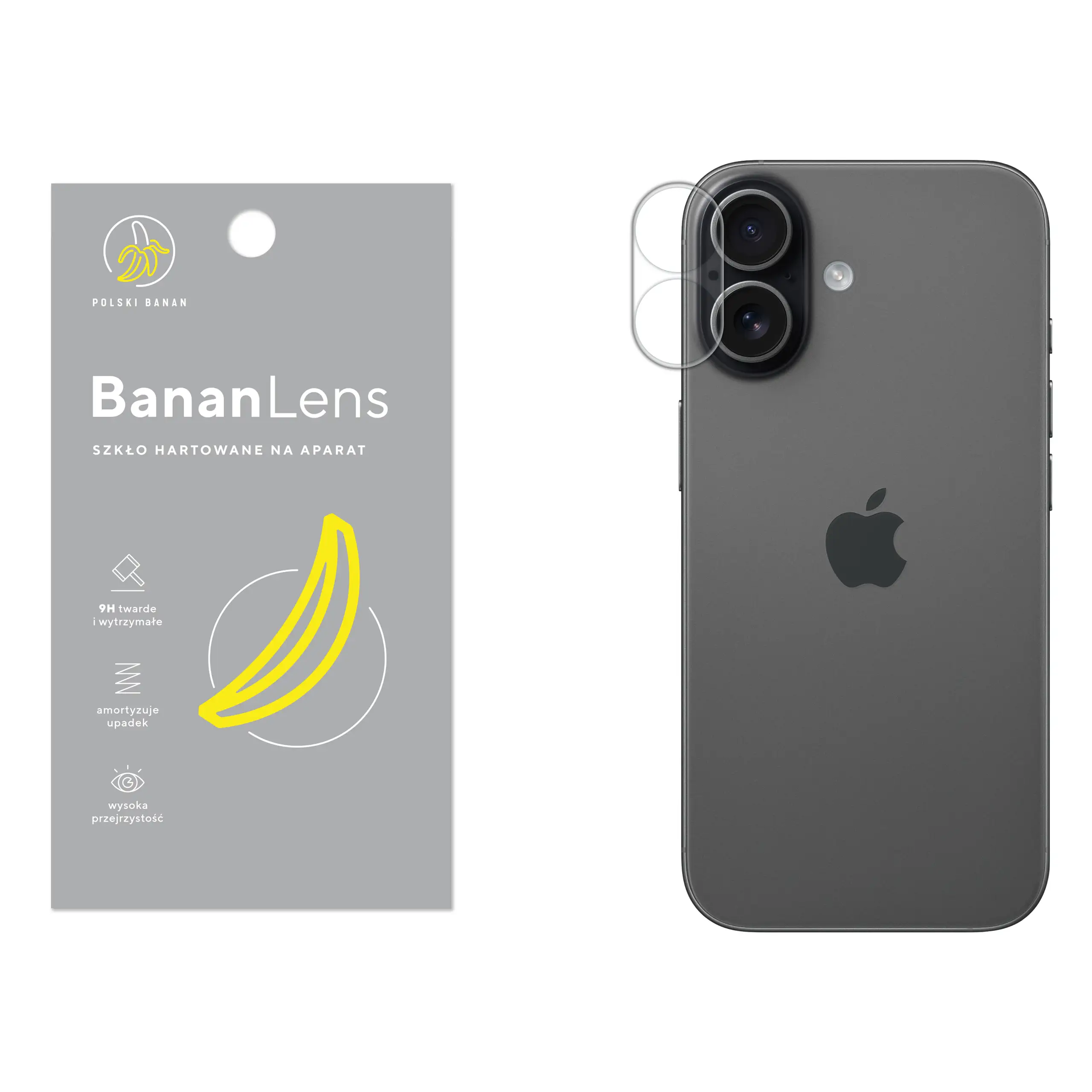 Szkło hartowane Polski Banan BananLens na aparat do Apple iPhone 17 z telefonem obok