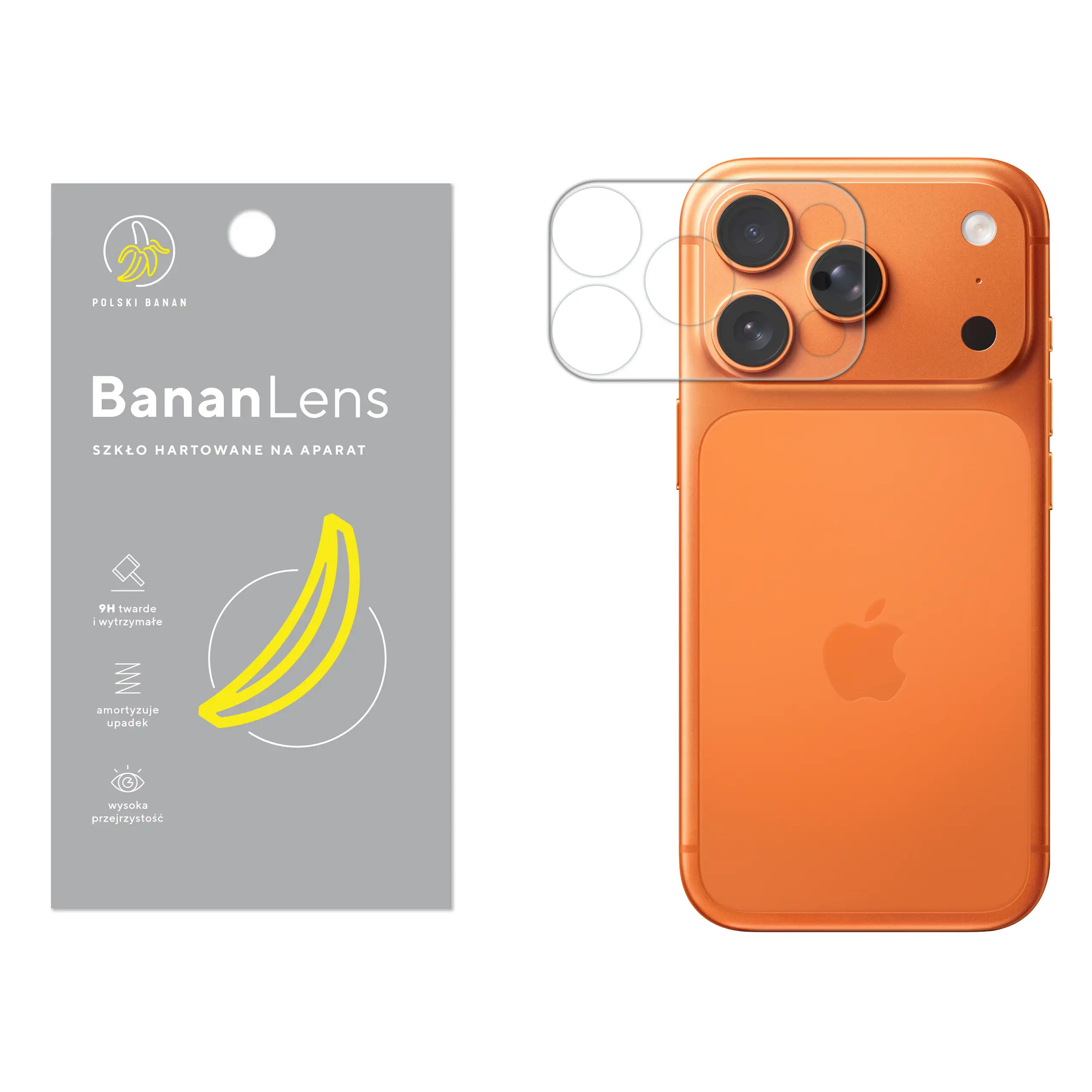 Szkło hartowane Polski Banan BananLens na aparat do Apple iPhone 17 Pro z telefonem obok