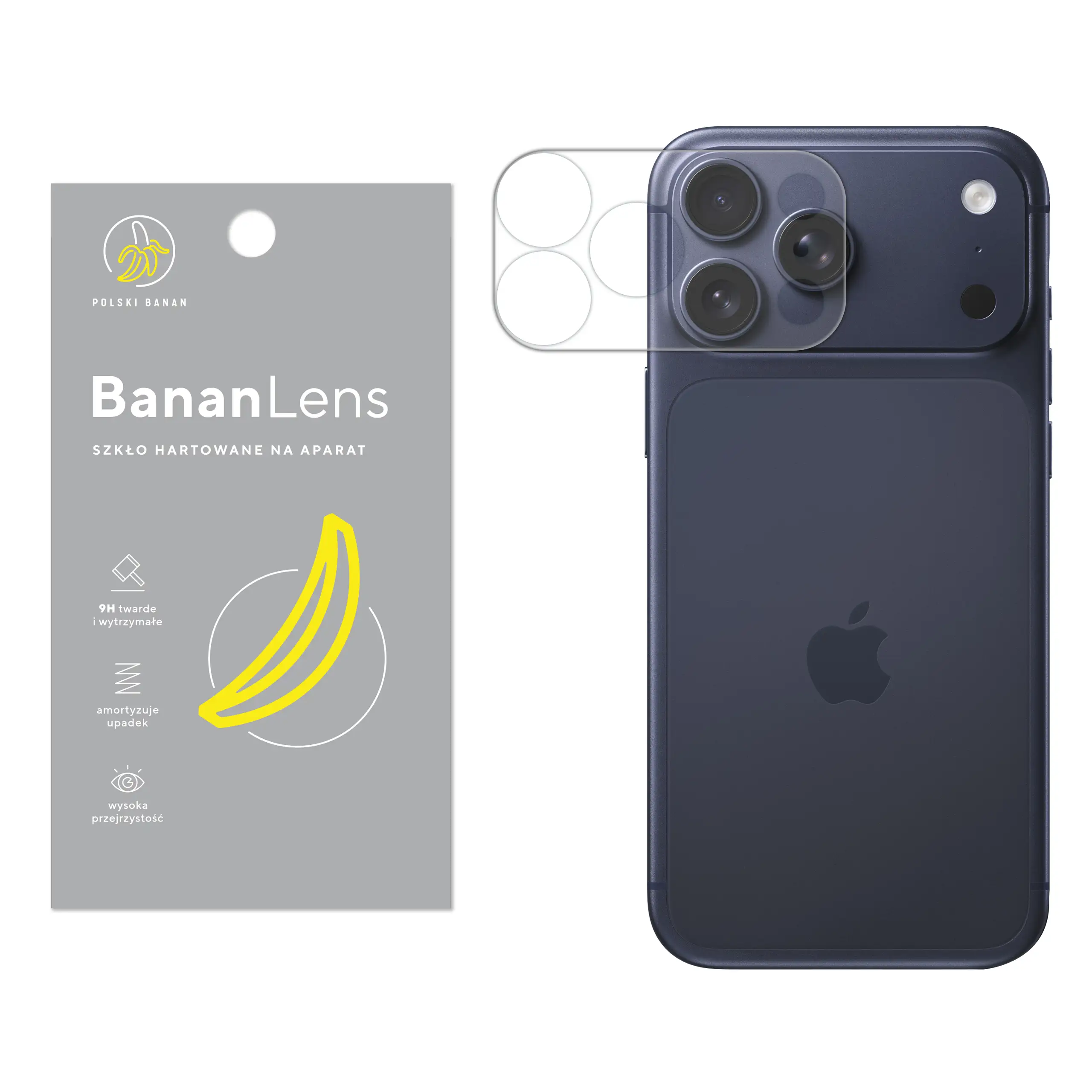 Szkło hartowane Polski Banan BananLens na aparat do Apple iPhone 17 Pro Max z telefonem obok