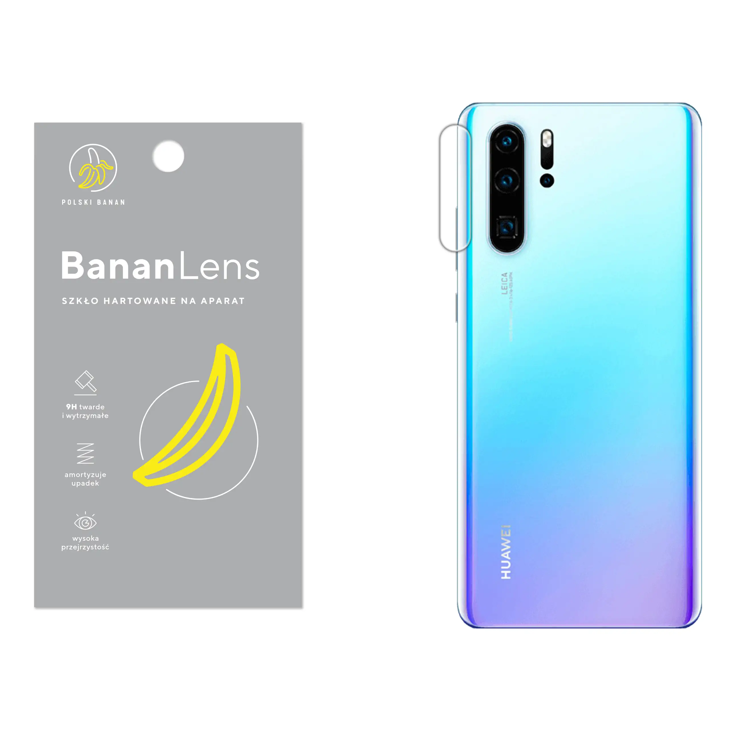 Szkło hartowane Polski Banan BananLens na aparat do Huawei P30 Pro z telefonem obok