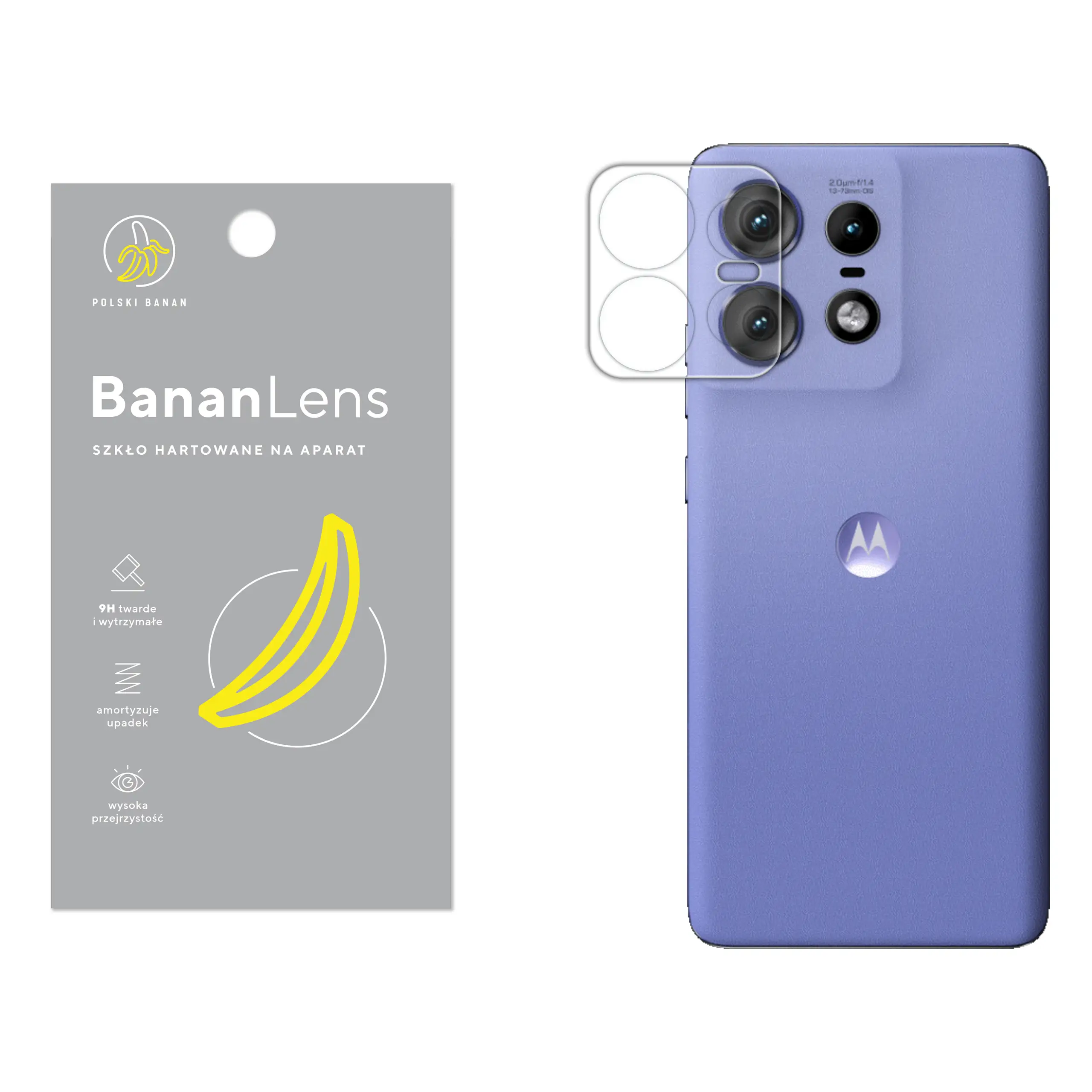 Szkło hartowane Polski Banan BananLens na aparat do Motorola Edge 50 Pro z telefonem obok