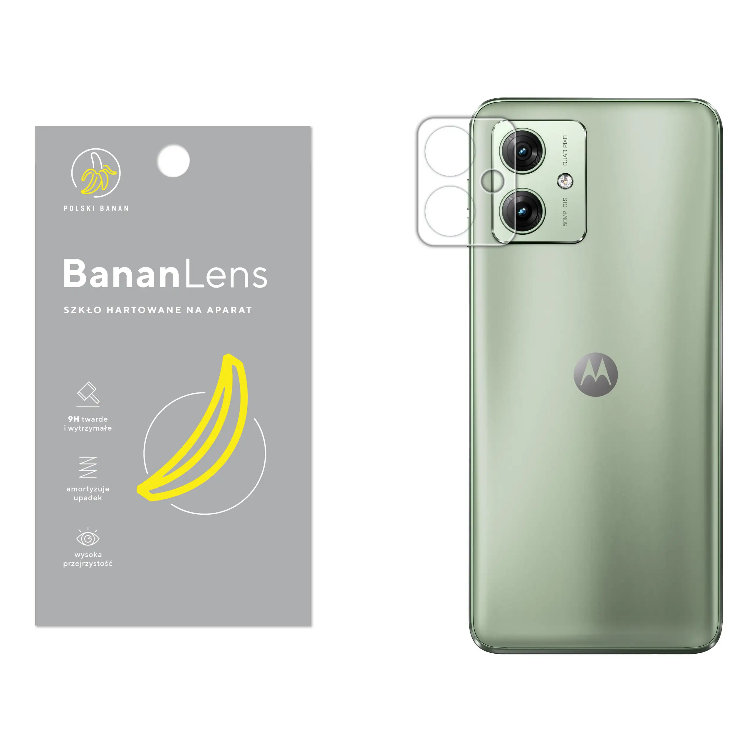 Szkło hartowane Polski Banan BananLens na aparat do Motorola Moto G54 5G / G54 Power Edition z telefonem obok