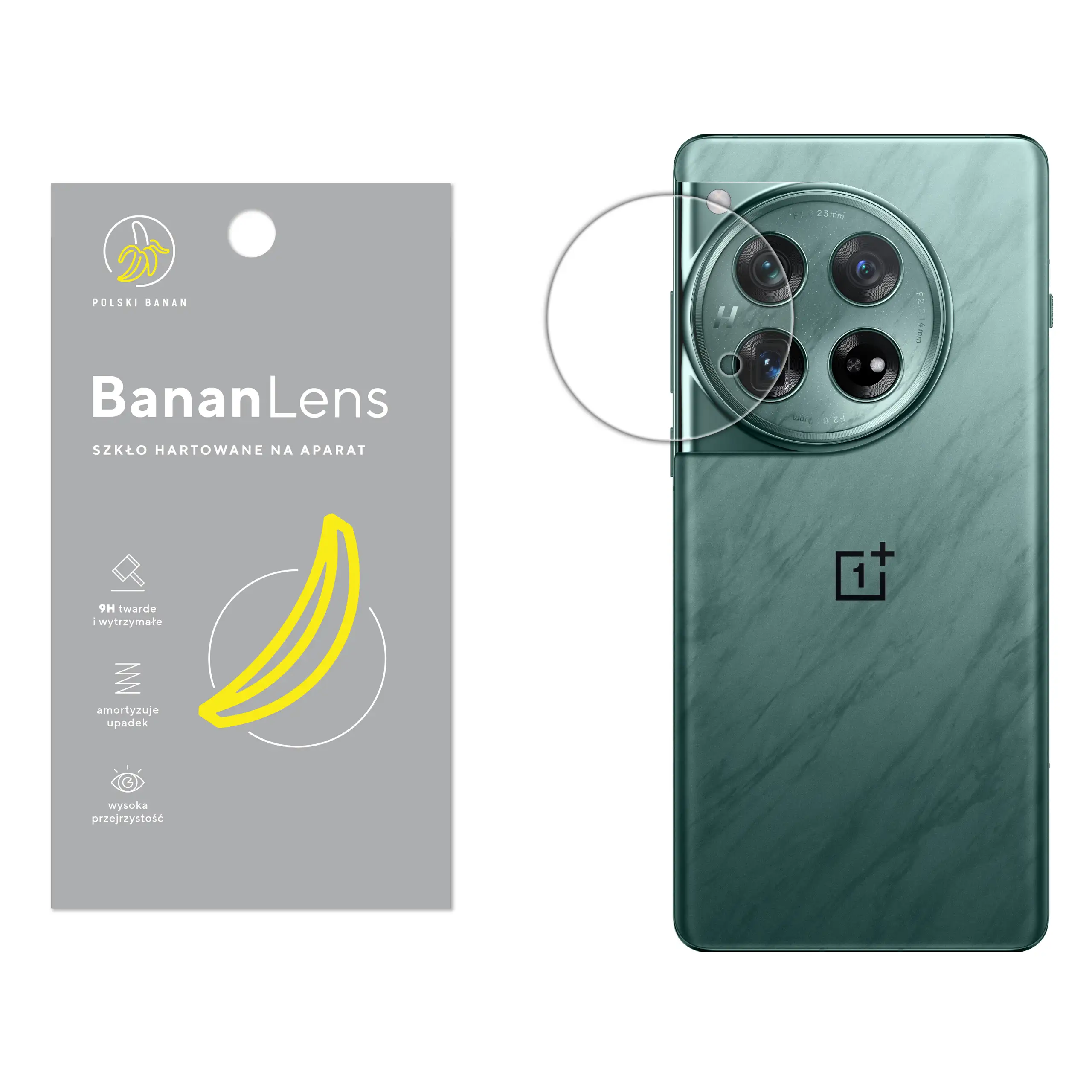 Szkło hartowane Polski Banan BananLens na aparat do OnePlus 12 z telefonem obok