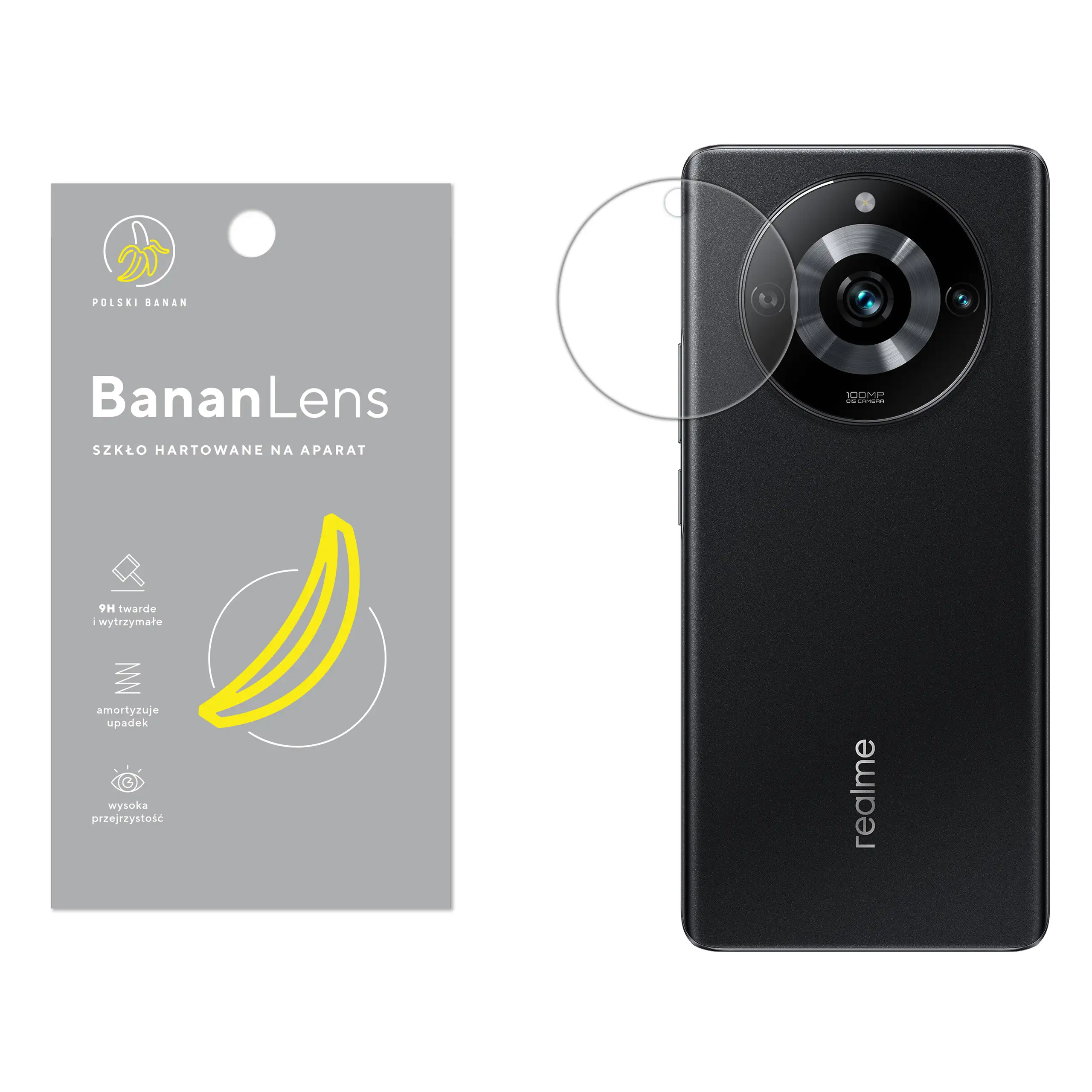 Szkło hartowane Polski Banan BananLens na aparat do Realme 11 Pro / 11 Pro Plus z telefonem obok