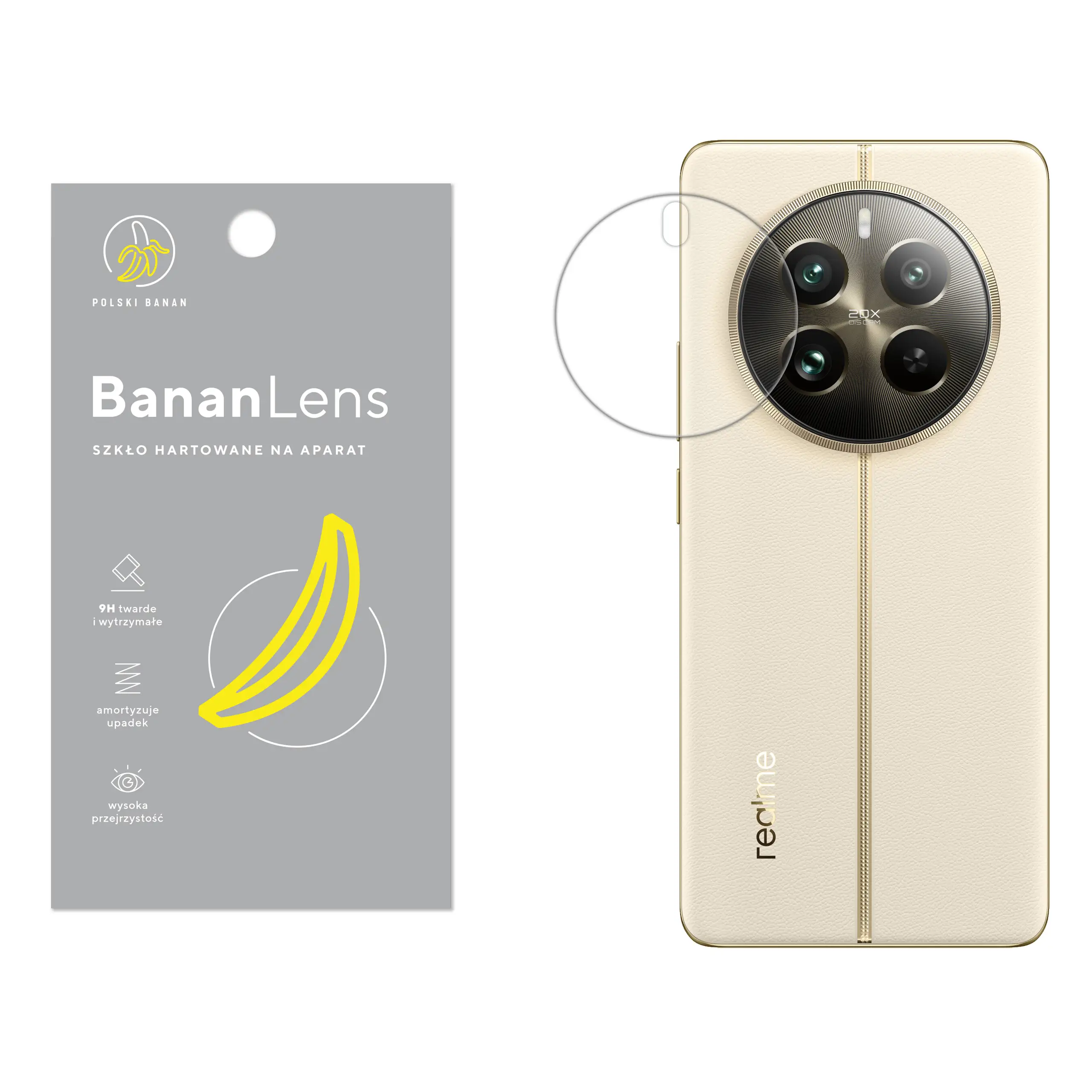Szkło hartowane Polski Banan BananLens na aparat do Realme 12 Pro / 12 Pro Plus z telefonem obok
