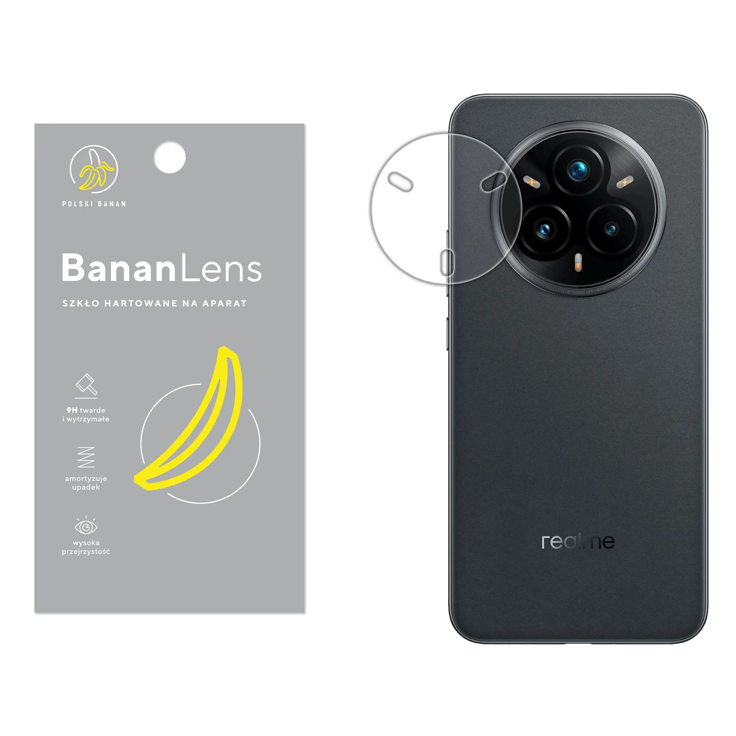 Szkło hartowane Polski Banan BananLens na aparat do Realme 14 Pro Plus z telefonem obok
