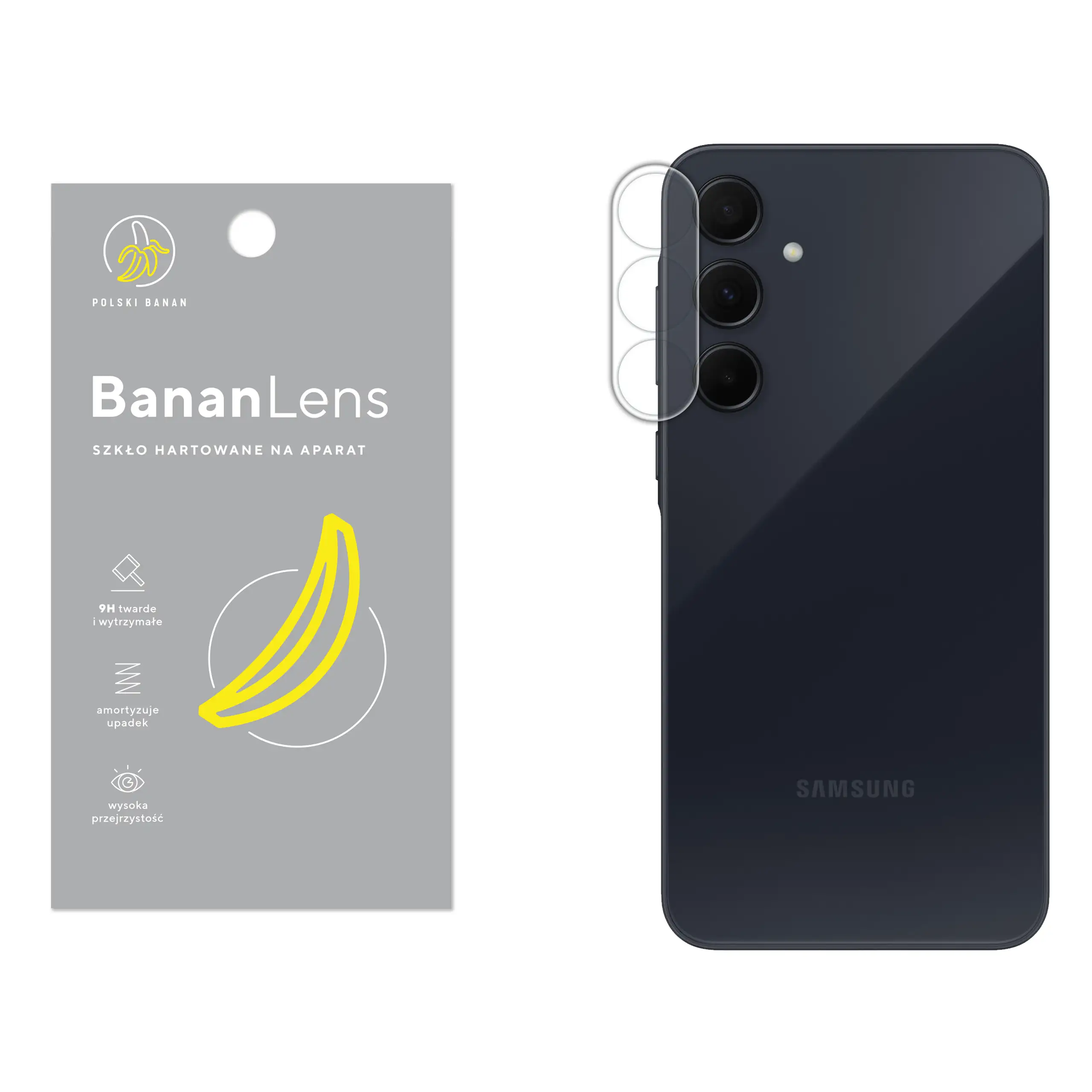 Szkło hartowane Polski Banan BananLens na aparat do Samsung Galaxy A35 5G z telefonem obok