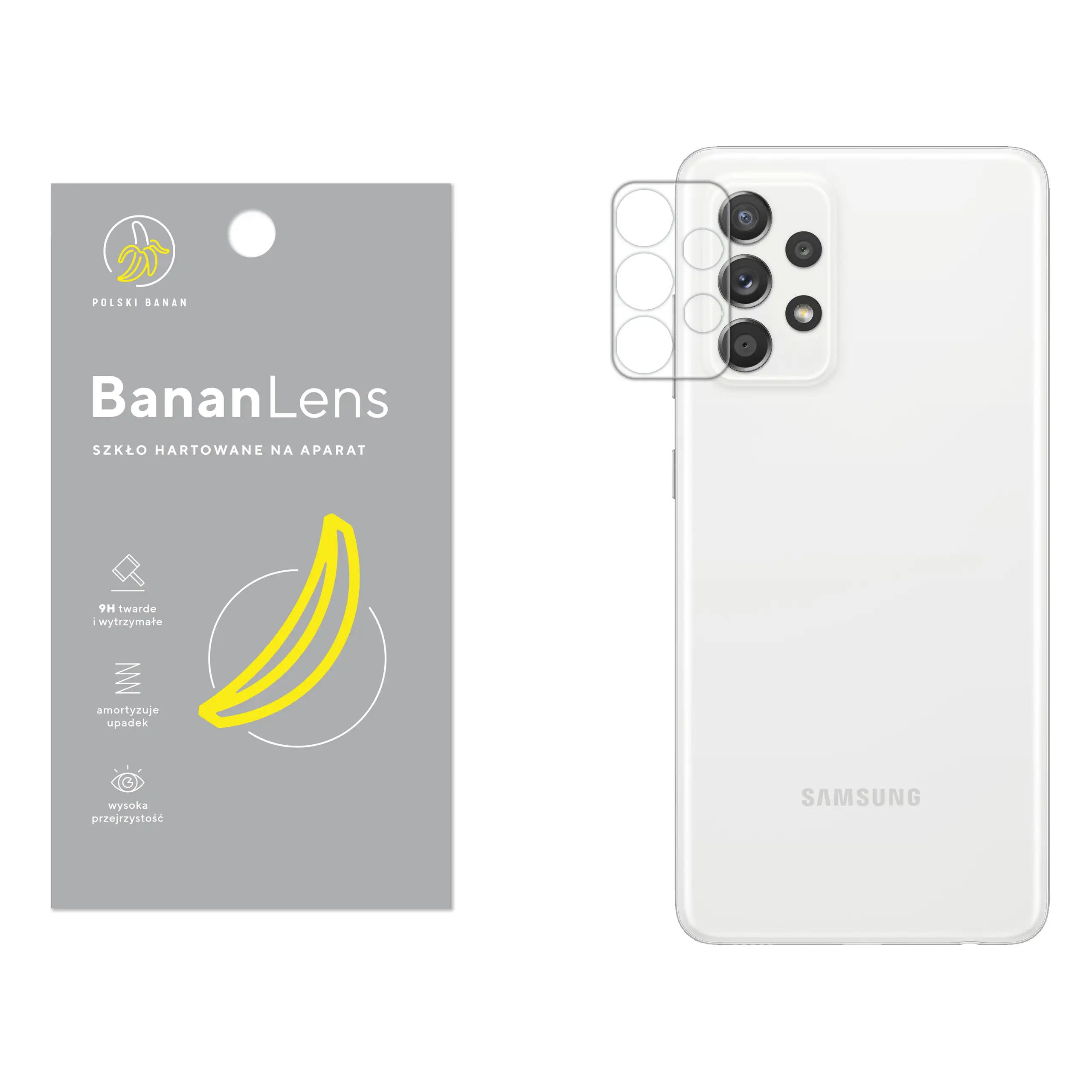 Szkło hartowane Polski Banan BananLens na aparat do Samsung Galaxy A52 / A52s z telefonem obok