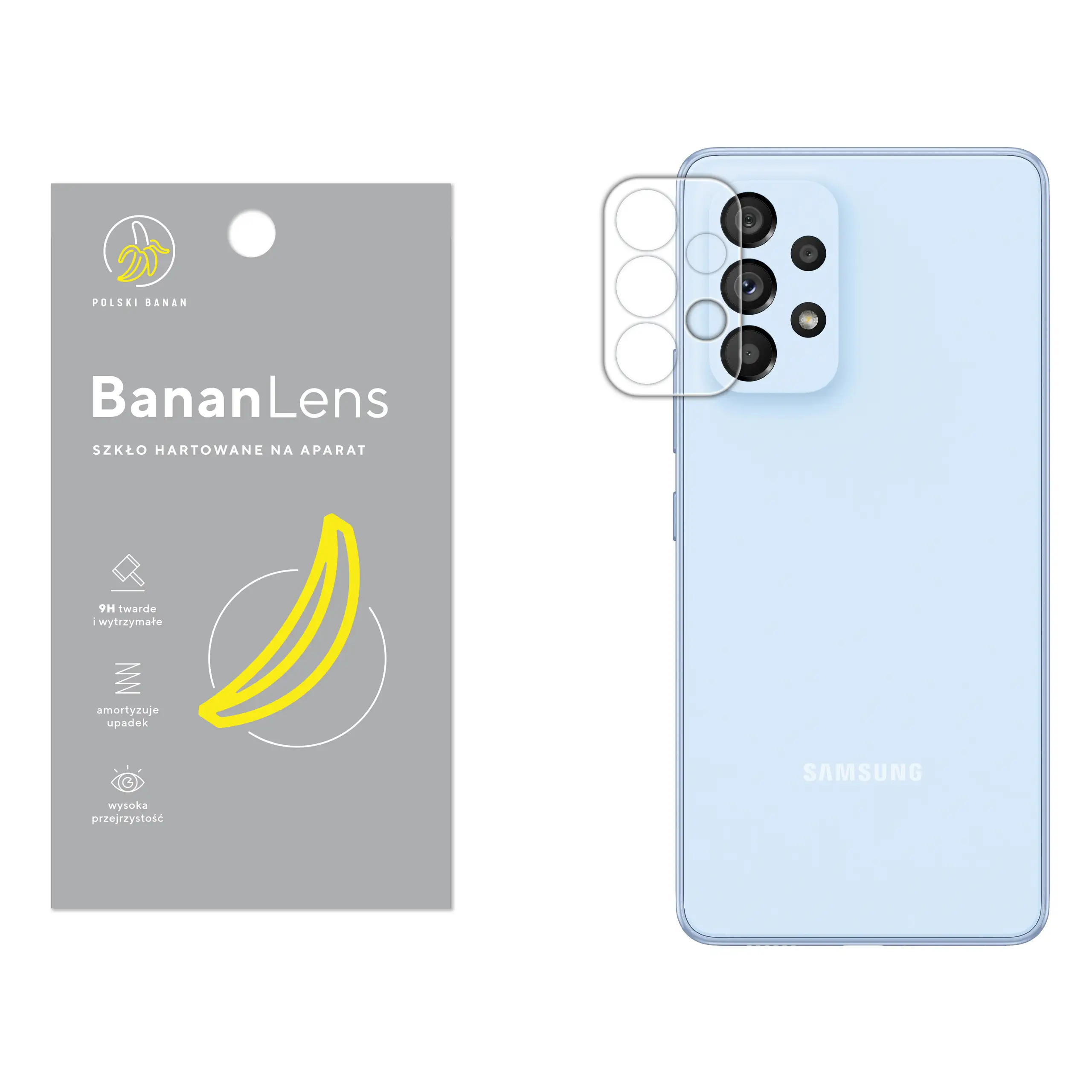 Szkło hartowane Polski Banan BananLens na aparat do Samsung Galaxy A53 / A53 5G z telefonem obok