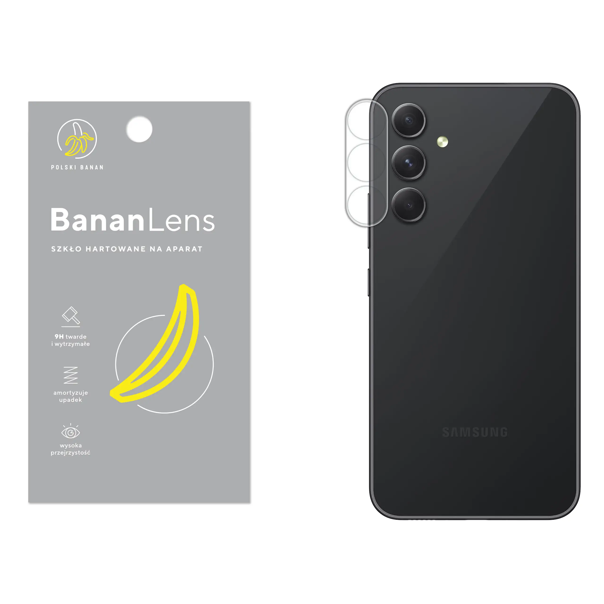 Szkło hartowane Polski Banan BananLens na aparat do Samsung Galaxy A54 z telefonem obok