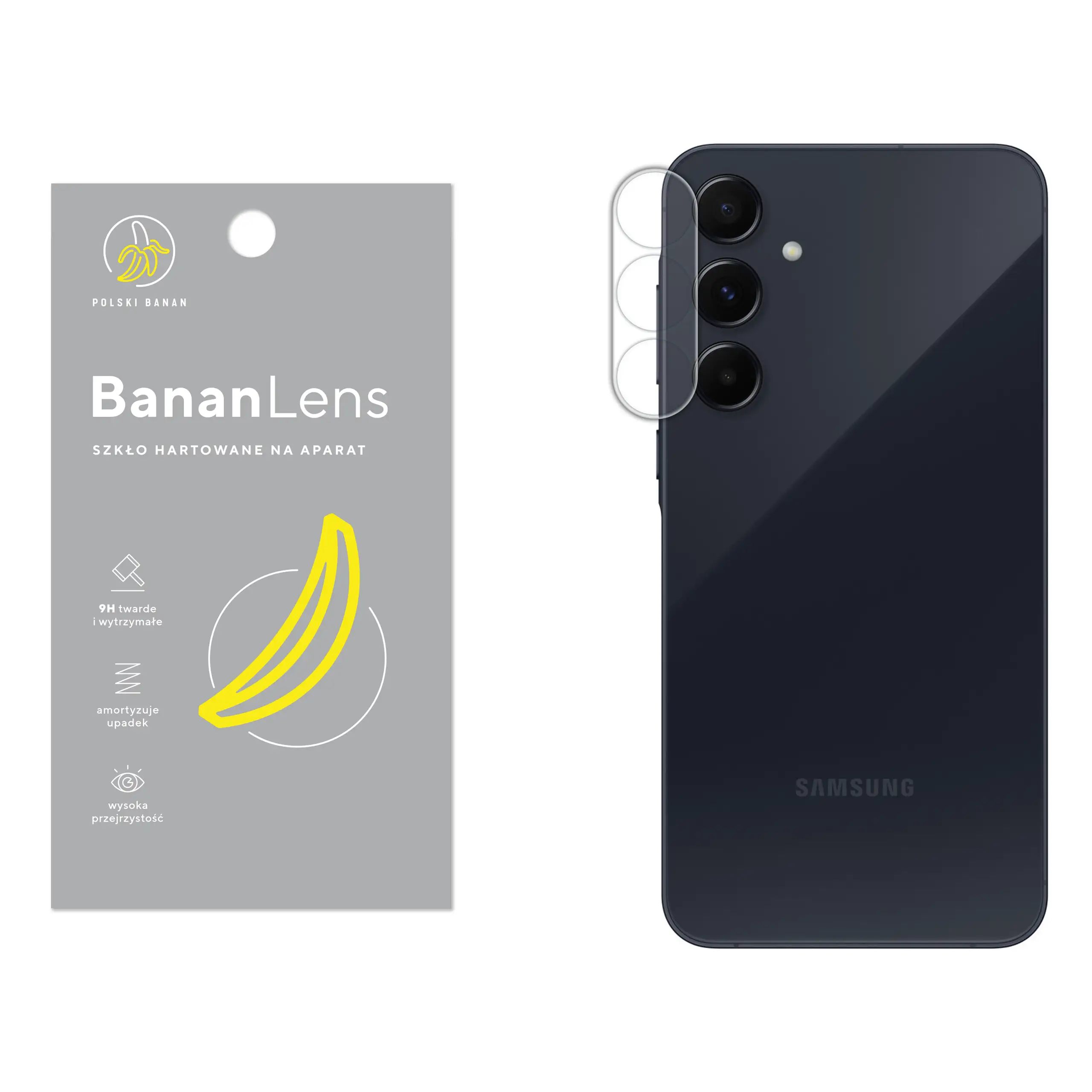 Szkło hartowane Polski Banan BananLens na aparat do Samsung Galaxy A55 5G z telefonem obok