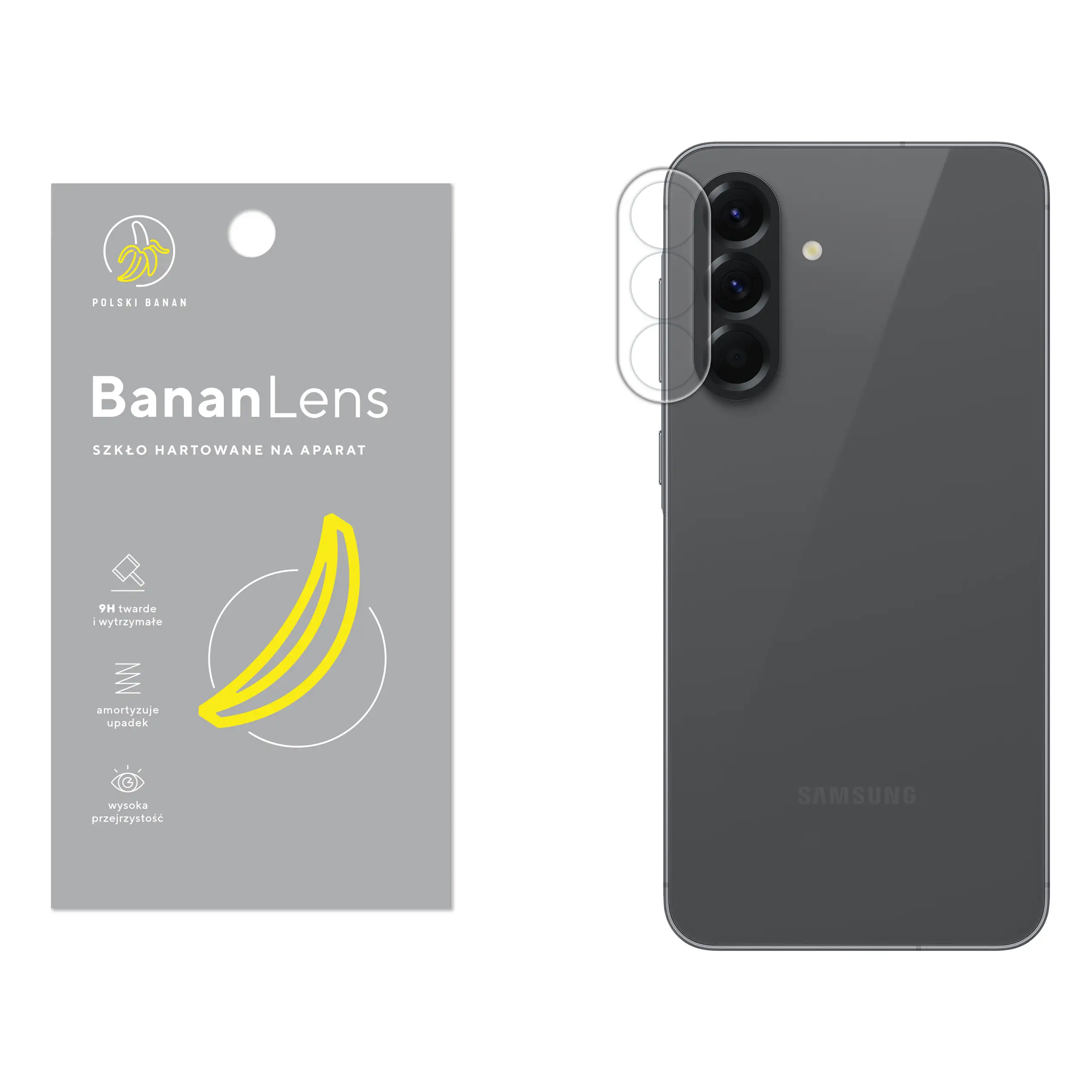 Szkło hartowane Polski Banan BananLens na aparat do Samsung Galaxy A56 5G z telefonem obok