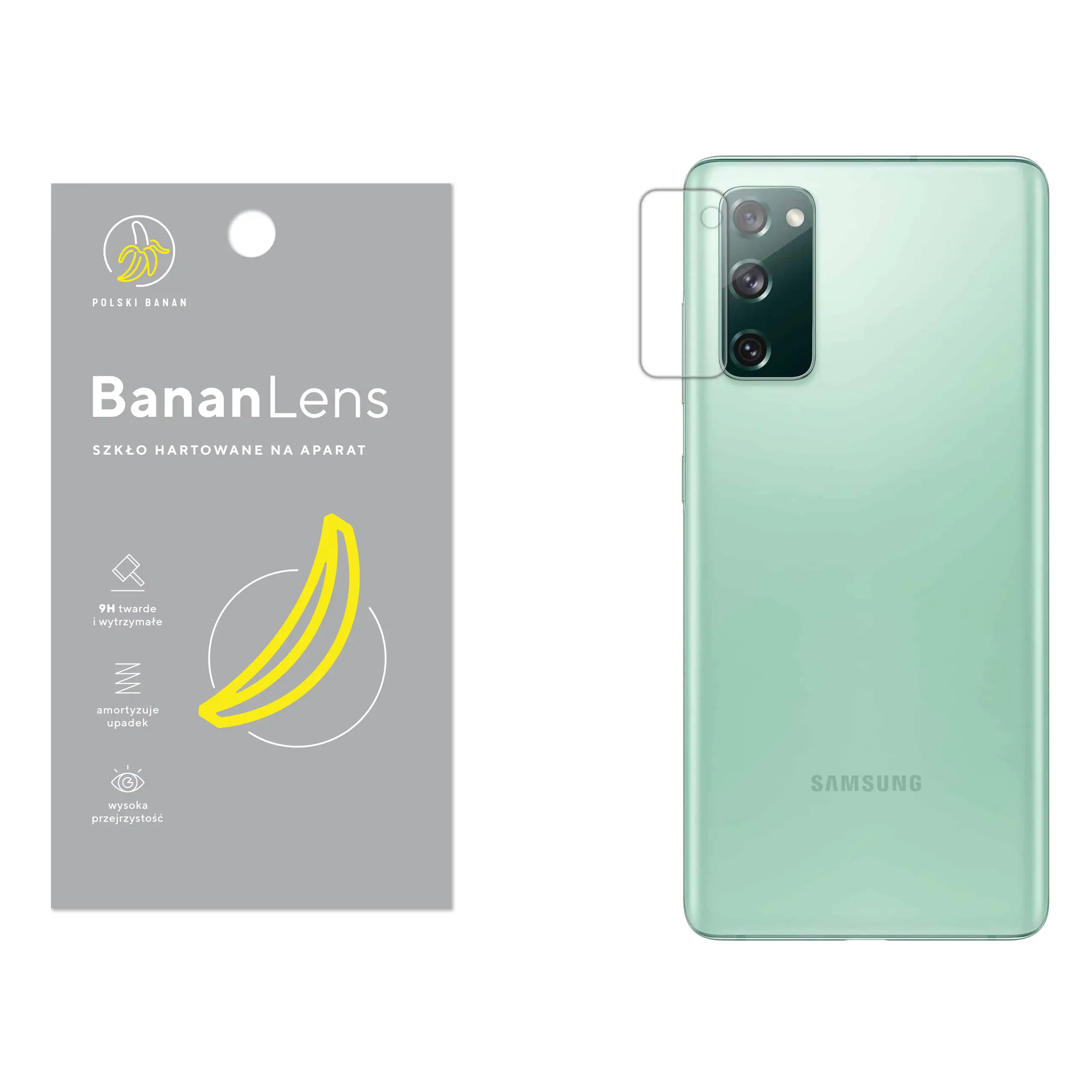 Szkło hartowane Polski Banan BananLens na aparat do Samsung Galaxy S20 FE z telefonem obok