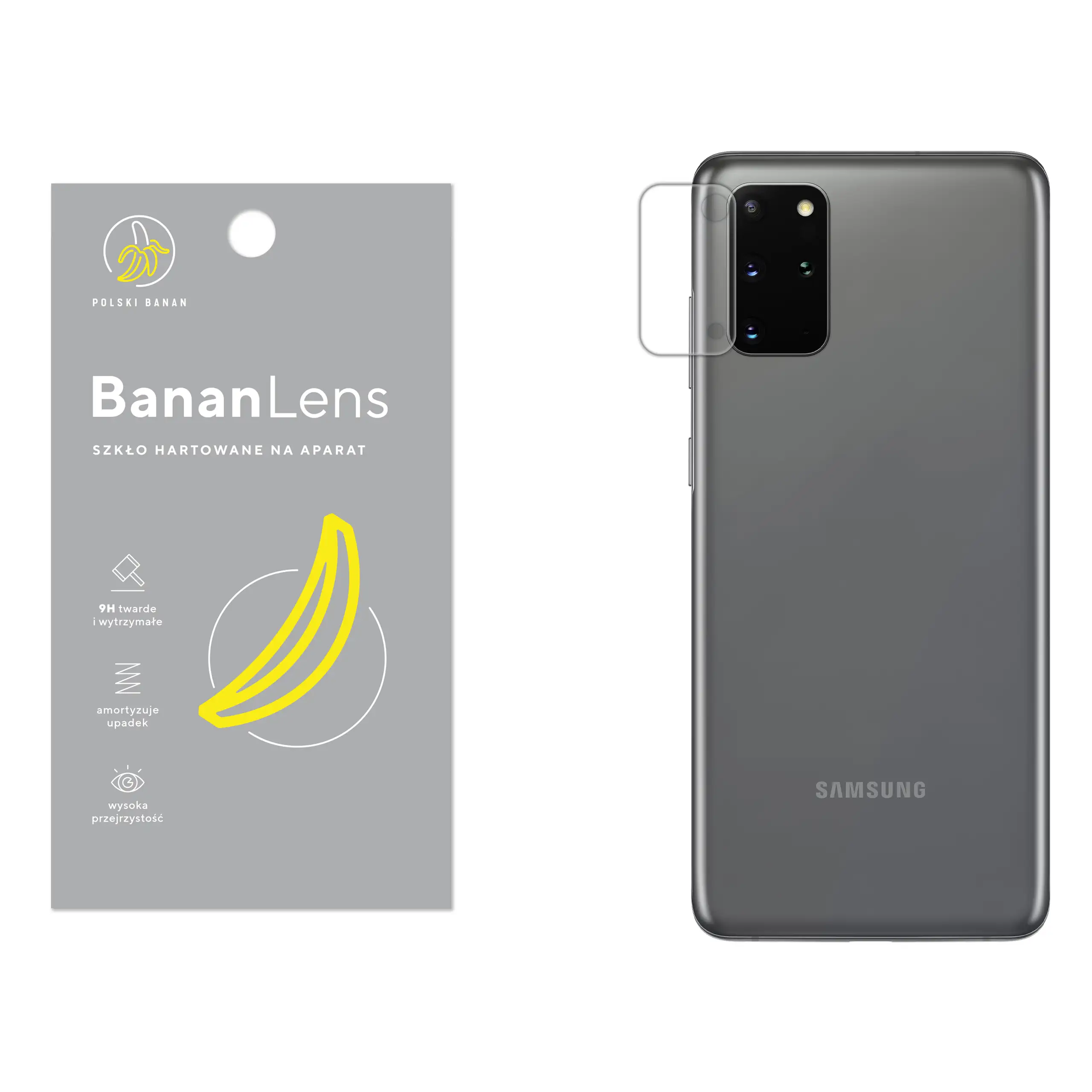 Szkło hartowane Polski Banan BananLens na aparat do Samsung Galaxy S20 Plus z telefonem obok