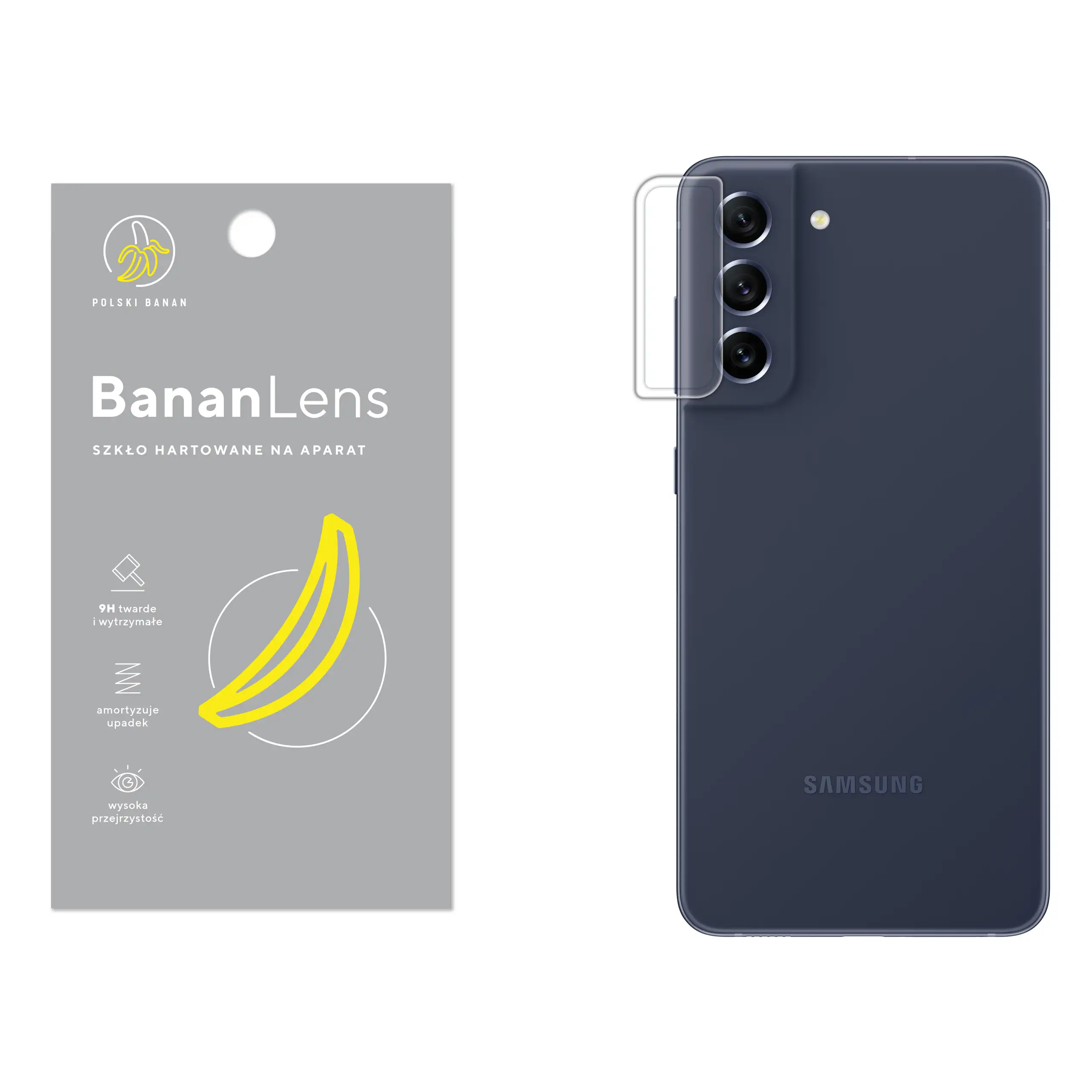 Szkło hartowane Polski Banan BananLens na aparat do Samsung Galaxy S21 FE z telefonem obok