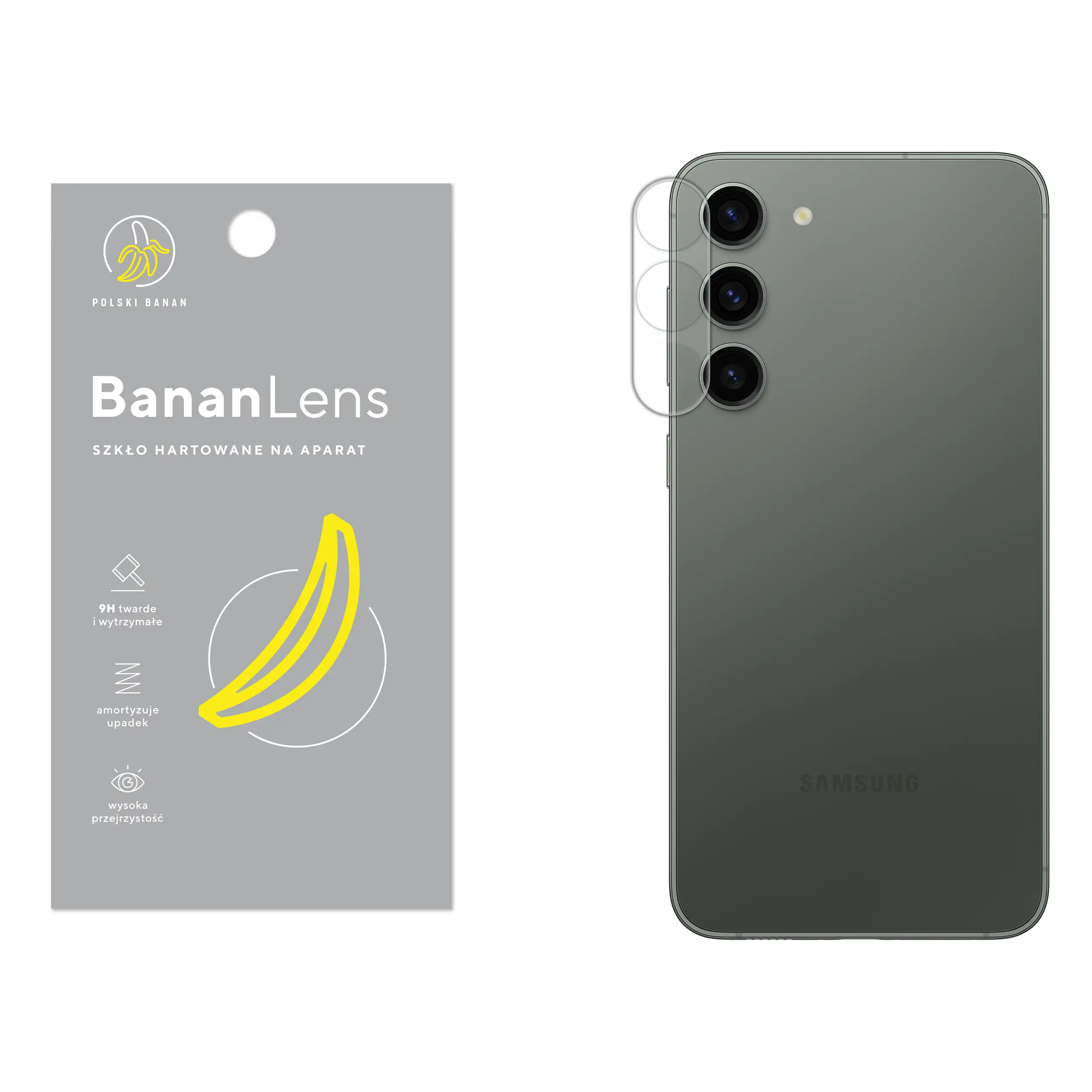 Szkło hartowane Polski Banan BananLens na aparat do Samsung Galaxy S23 Plus z telefonem obok