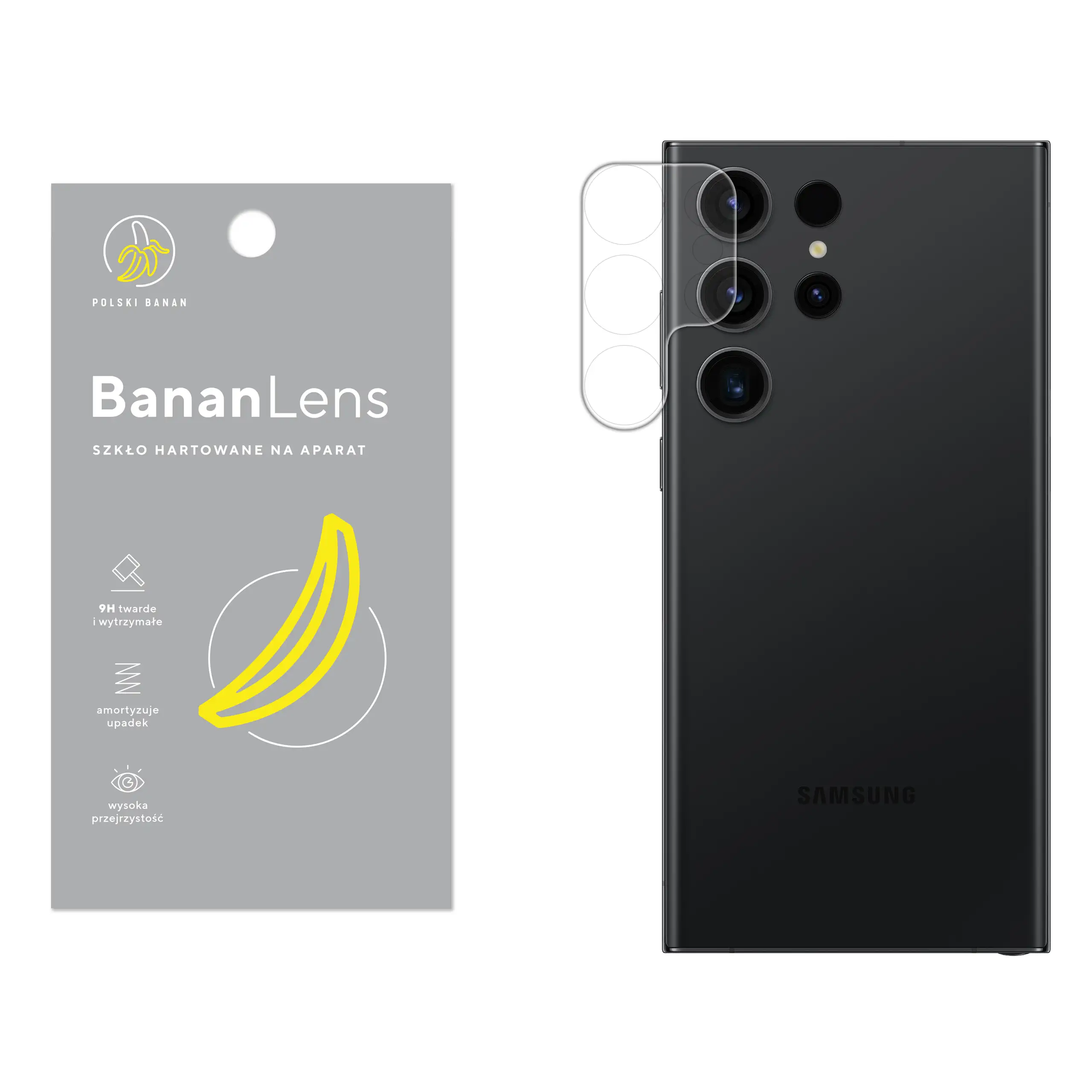 Szkło hartowane Polski Banan BananLens na aparat do Samsung Galaxy S23 Ultra z telefonem obok