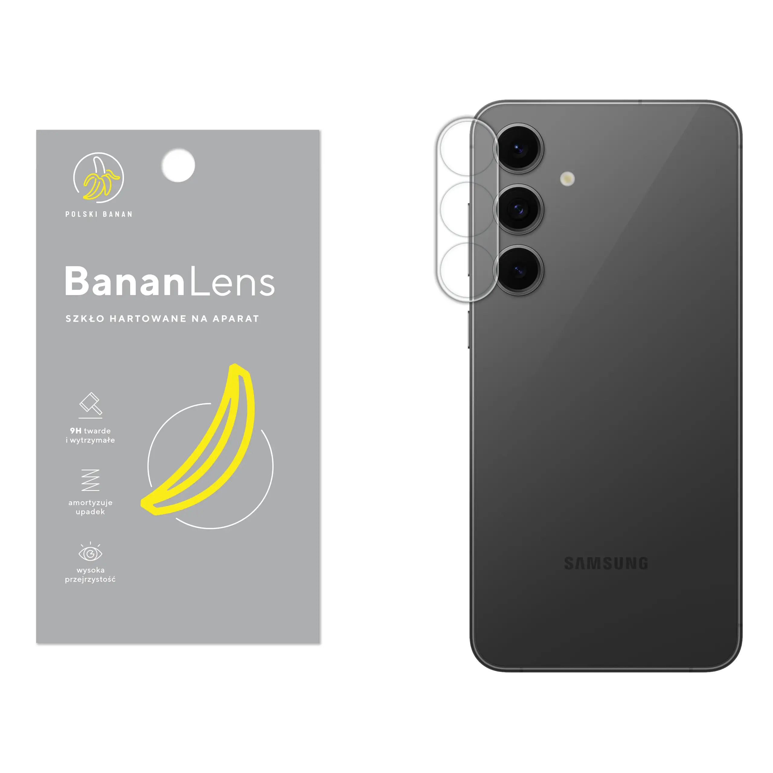 Szkło hartowane Polski Banan BananLens na aparat do Samsung Galaxy S24 FE z telefonem obok