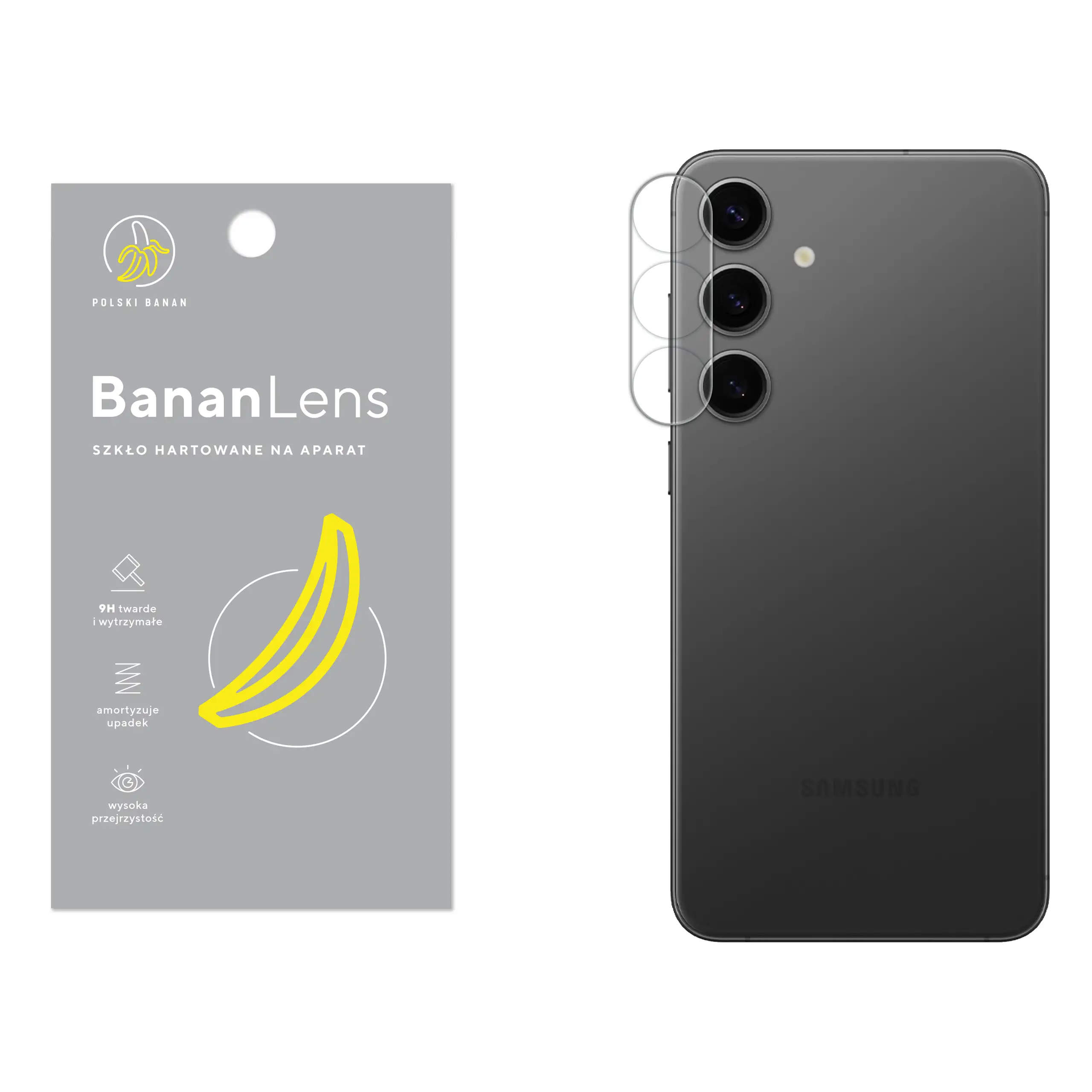 Szkło hartowane Polski Banan BananLens na aparat do Samsung Galaxy S24 Plus z telefonem obok