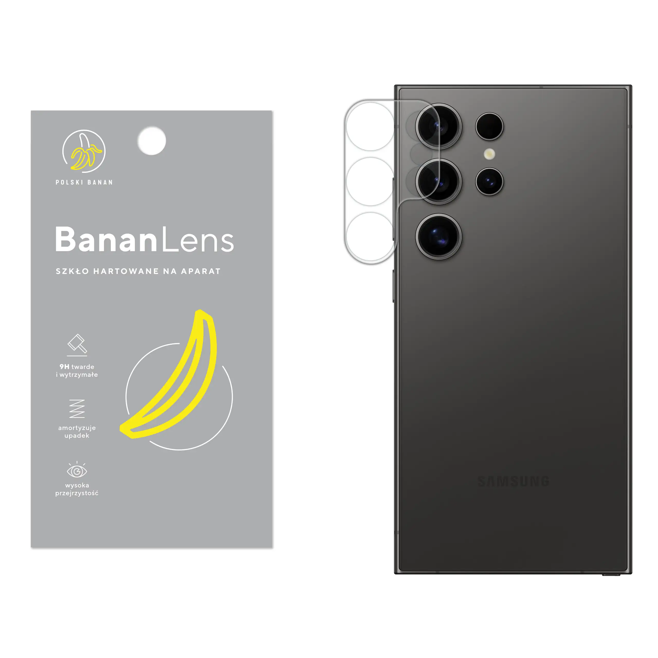 Szkło hartowane Polski Banan BananLens na aparat do Samsung Galaxy S24 Ultra z telefonem obok