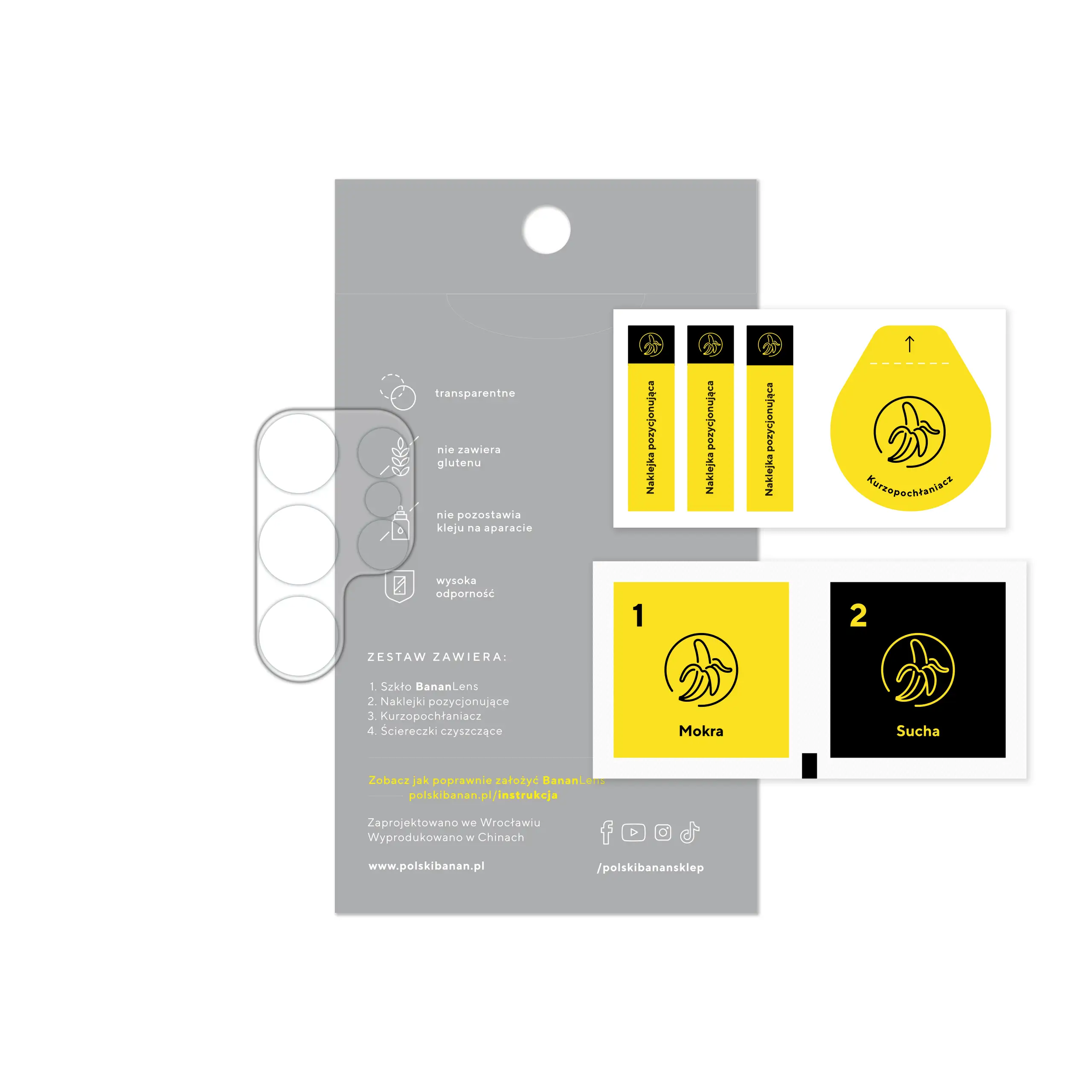 Zawartość zestawu szkła hartowanego Polski Banan BananLens do telefonu Samsung Galaxy S24 Ultra