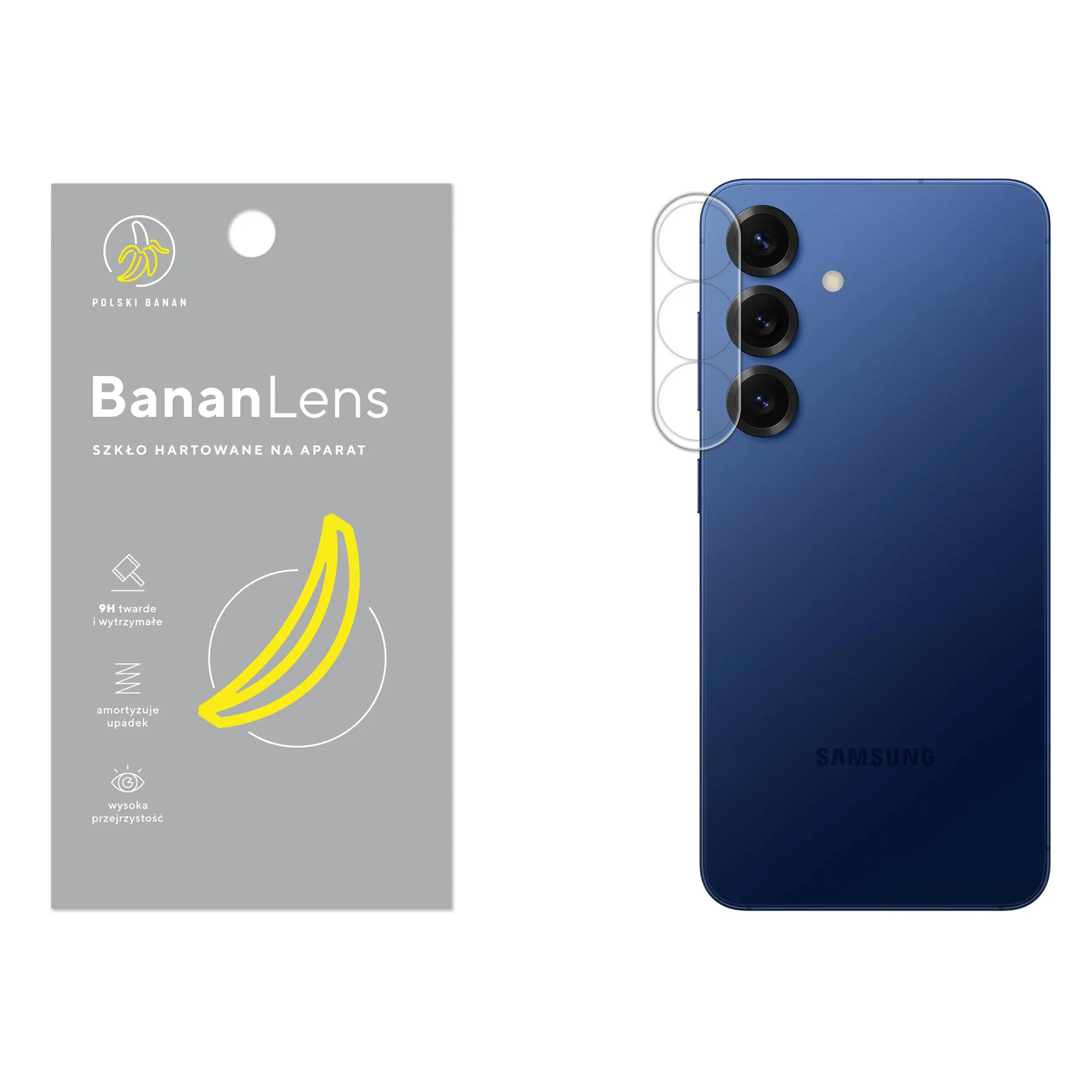 Szkło hartowane Polski Banan BananLens na aparat do Samsung Galaxy S25 z telefonem obok