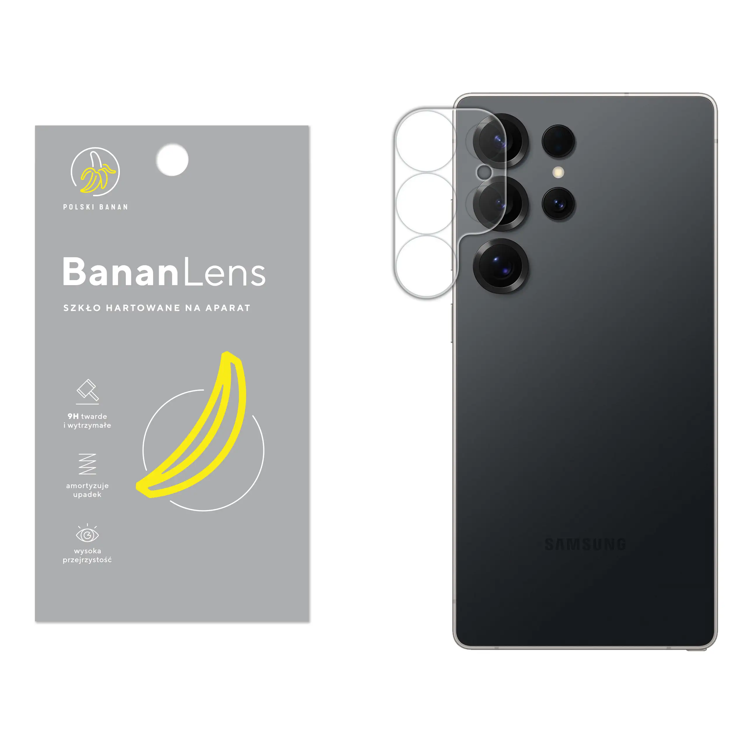 Szkło hartowane Polski Banan BananLens na aparat do Samsung Galaxy S25 Ultra z telefonem obok