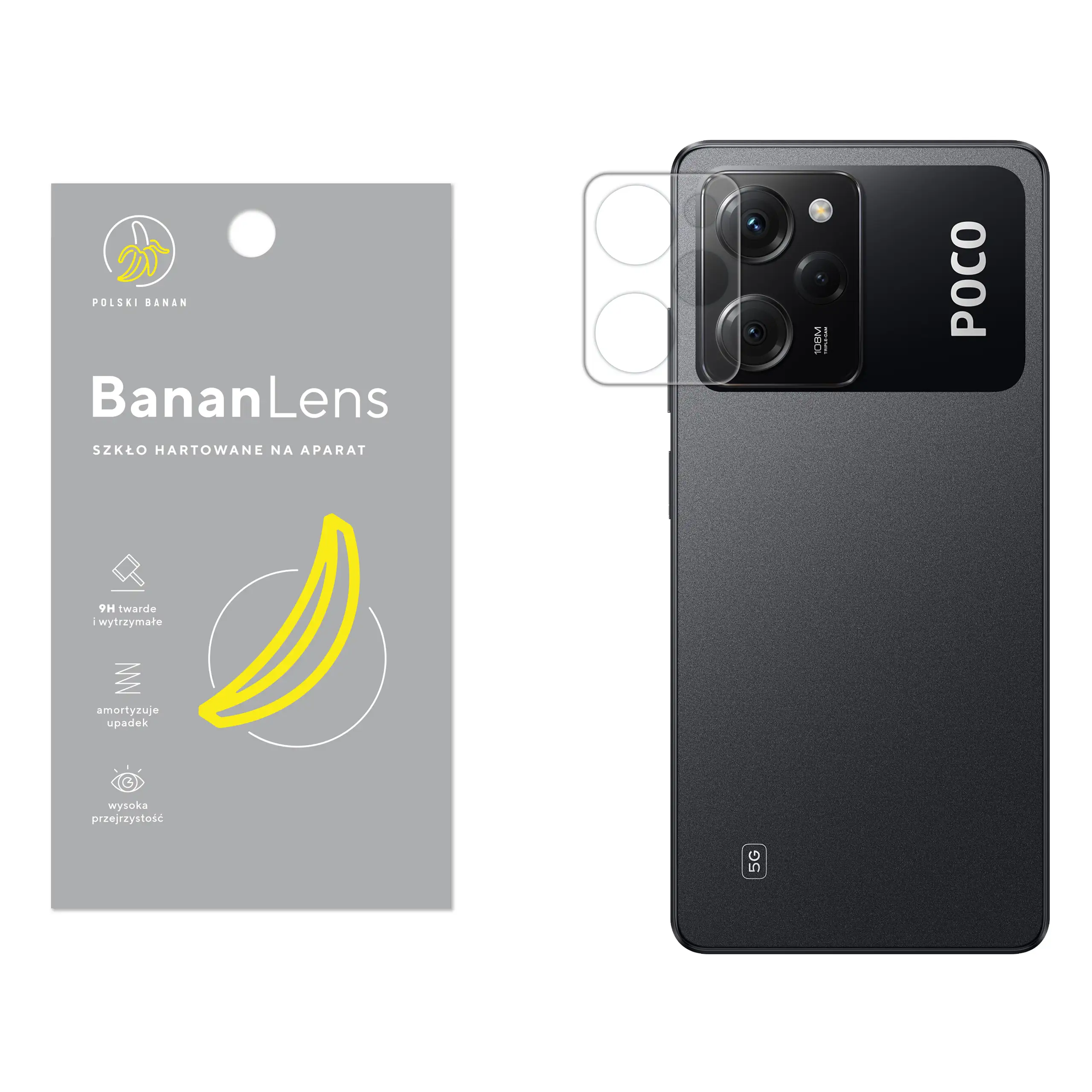 Szkło hartowane Polski Banan BananLens na aparat do Xiaomi POCO X5 Pro z telefonem obok