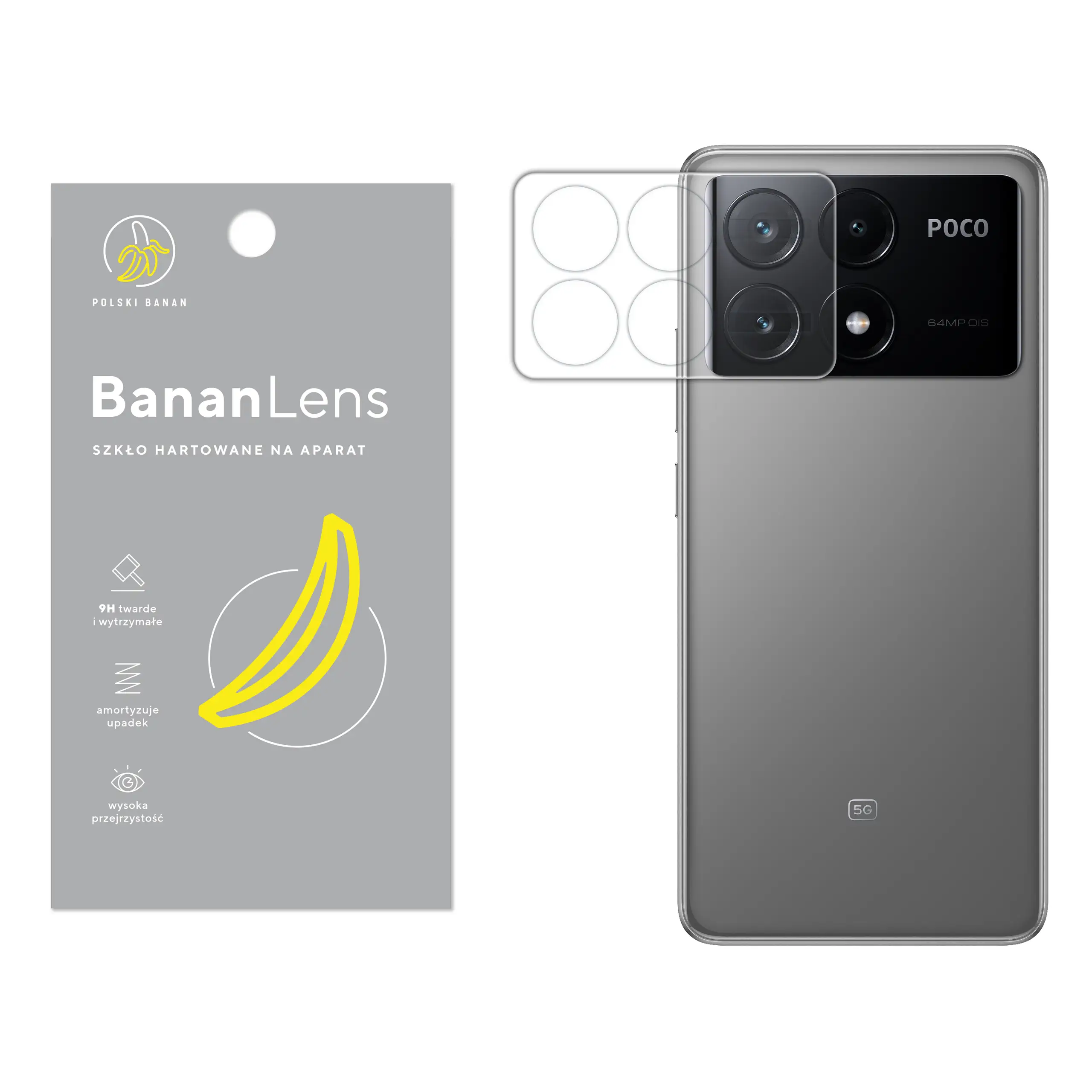 Szkło hartowane Polski Banan BananLens na aparat do Xiaomi POCO X6 Pro z telefonem obok