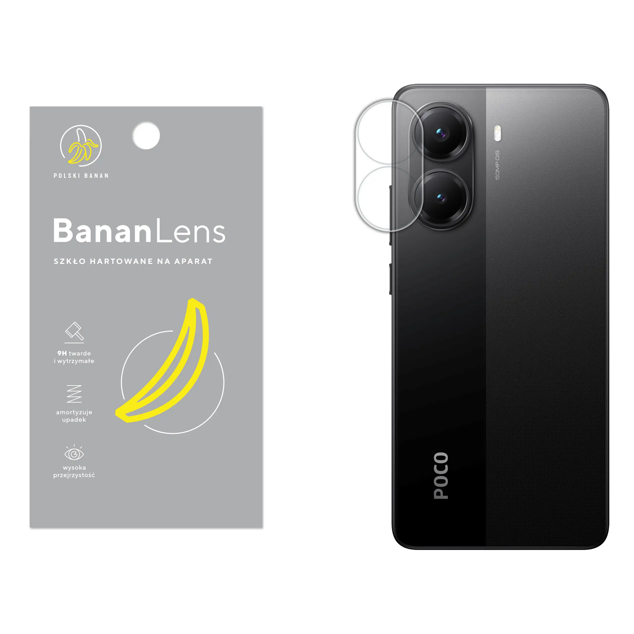 Szkło hartowane Polski Banan BananLens na aparat do Xiaomi POCO X7 Pro 5G z telefonem obok