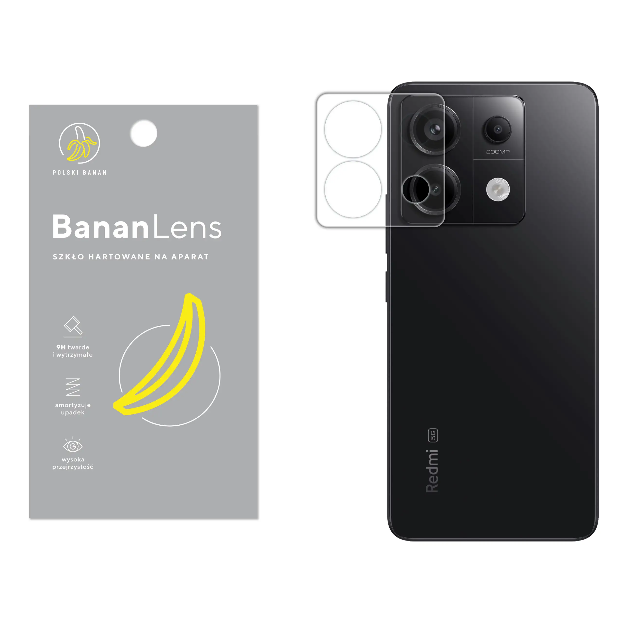 Szkło hartowane Polski Banan BananLens na aparat do Xiaomi Redmi Note 13 Pro 5G z telefonem obok