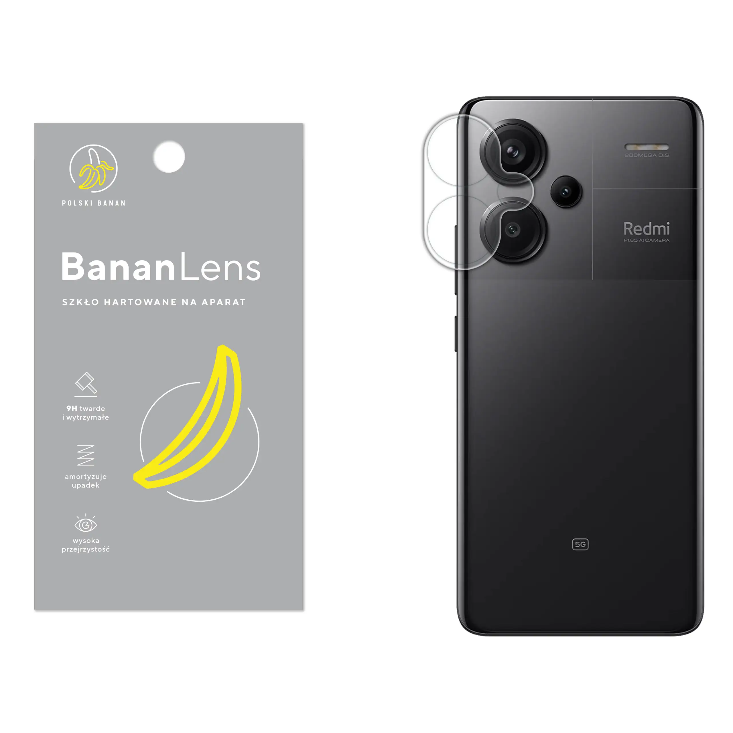 Szkło hartowane Polski Banan BananLens na aparat do Xiaomi Redmi Note 13 Pro Plus z telefonem obok