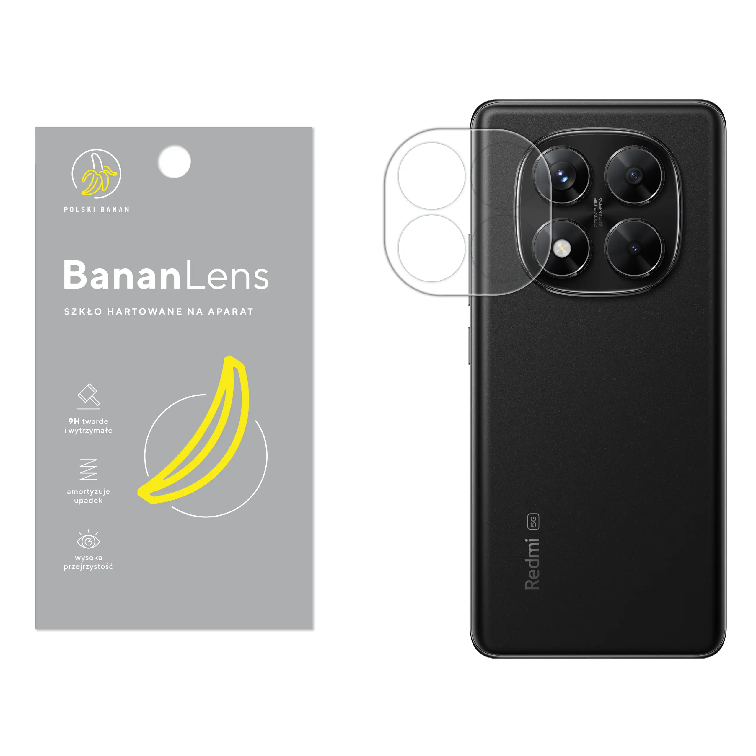 Szkło hartowane Polski Banan BananLens na aparat do Xiaomi Redmi Note 14 Pro 5G z telefonem obok