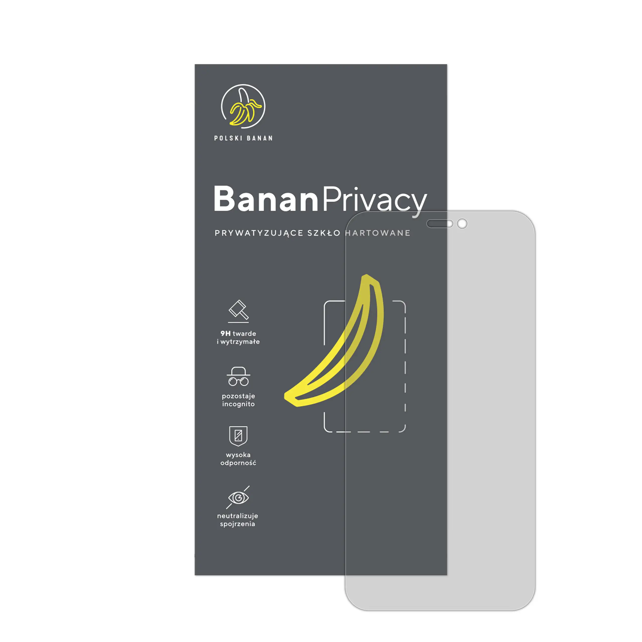Prywatyzujące szkło hartowane BananPrivacy marki Polski Banan z opakowaniem do telefonu Apple iPhone 12 mini