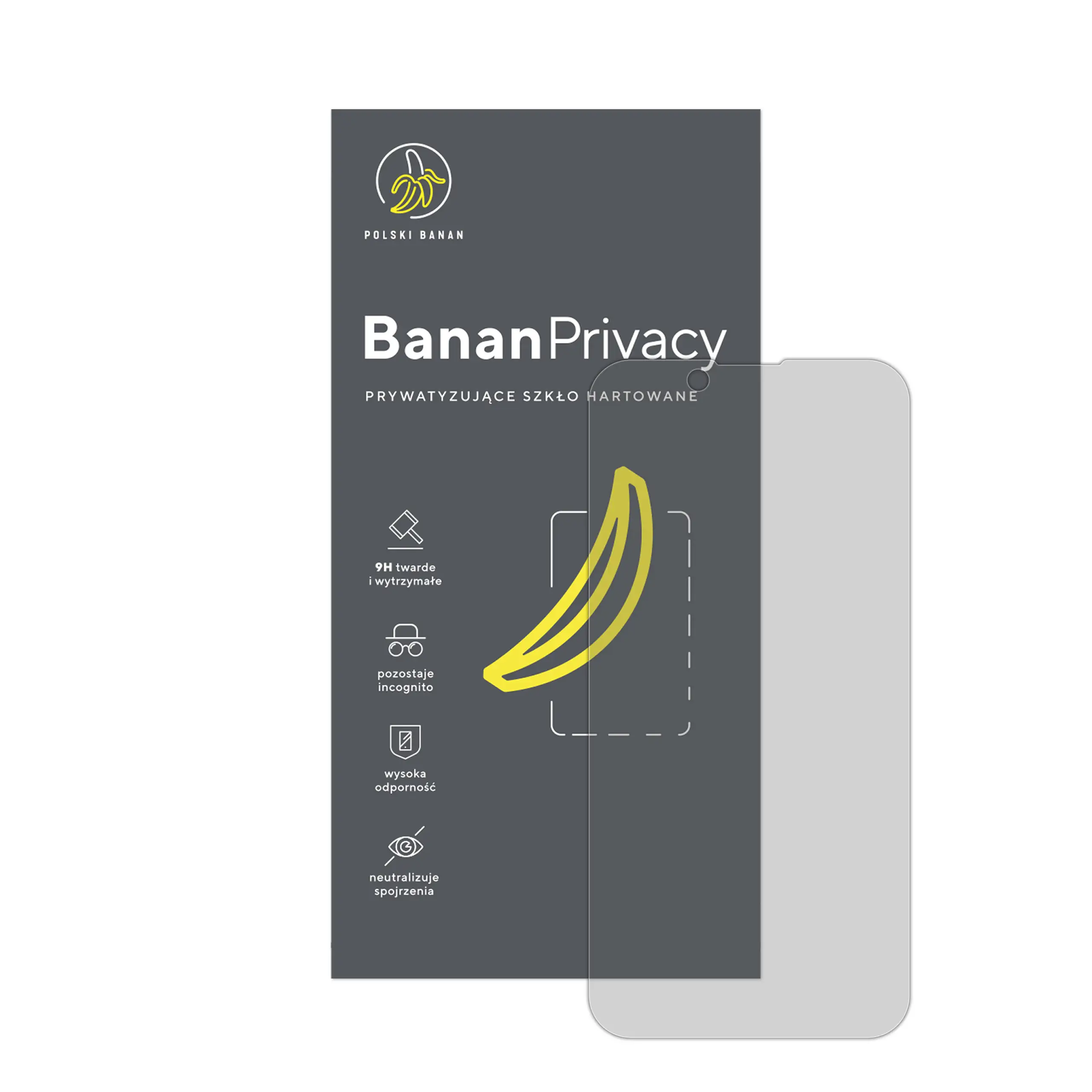 Prywatyzujące szkło hartowane BananPrivacy marki Polski Banan z opakowaniem do telefonu Apple iPhone 13 mini