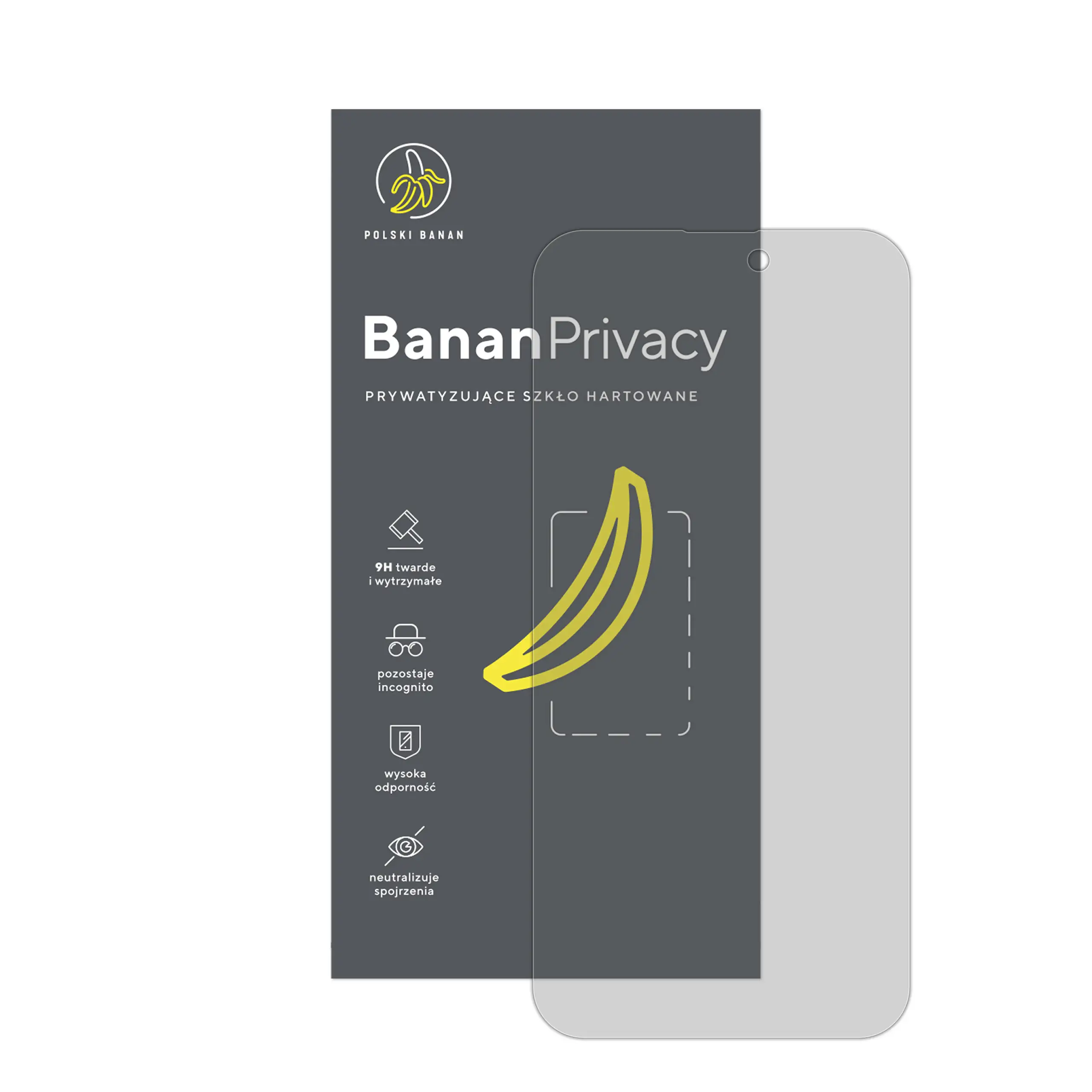 Prywatyzujące szkło hartowane BananPrivacy marki Polski Banan z opakowaniem do telefonu Apple iPhone 15 Pro Max
