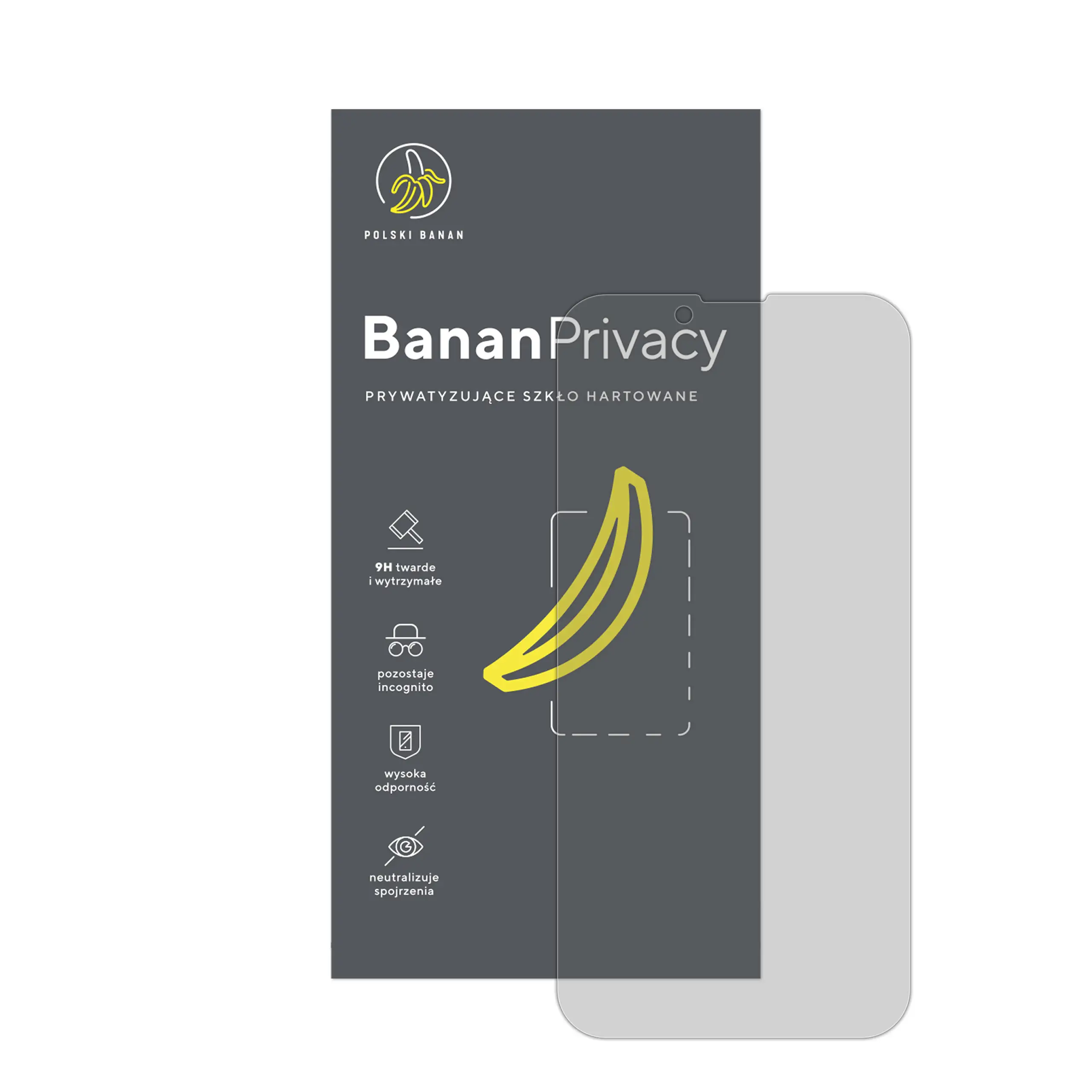 Prywatyzujące szkło hartowane BananPrivacy marki Polski Banan z opakowaniem do telefonu Apple iPhone 16e